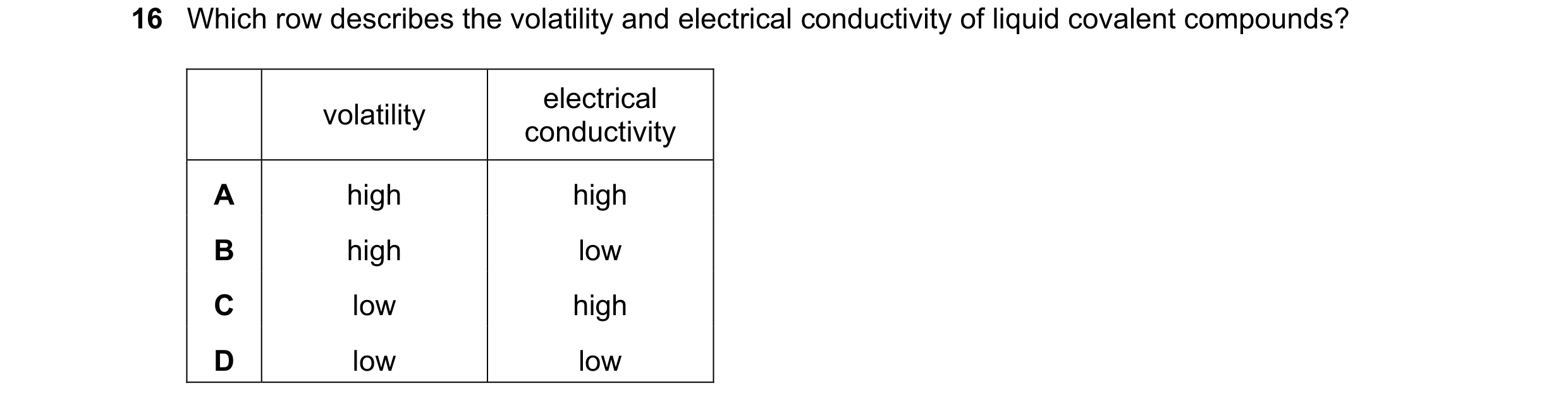 Question 36: Which row describes the volatility and electrical conductivity of liquid covalent compounds? electrical volatility conductivity A high high…