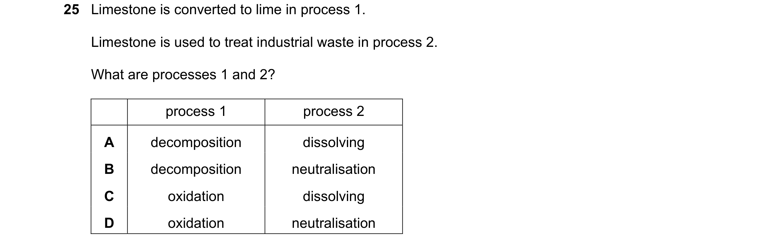 Question 30: Limestone is converted to lime in process 1. Limestone is used to treat industrial waste in process 2. What are processes 1 and 2? process …