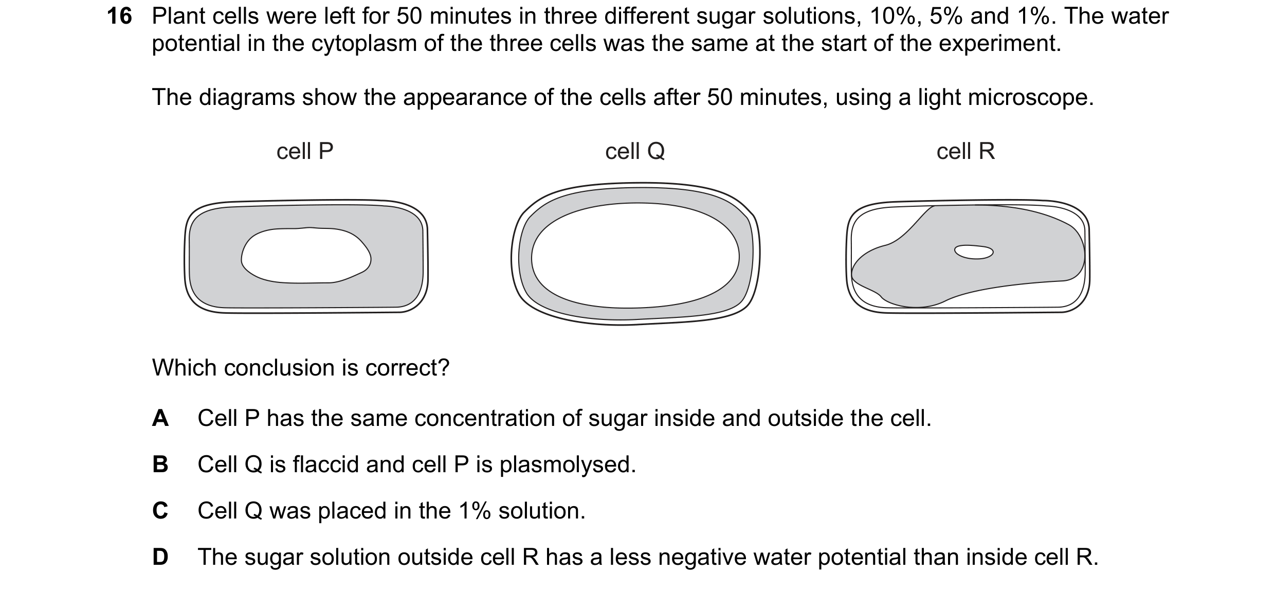 Question 219: Plant cells were left for 50 minutes in three different sugar solutions, 10%, 5% and 1%. The water potential in the cytoplasm of the three …
