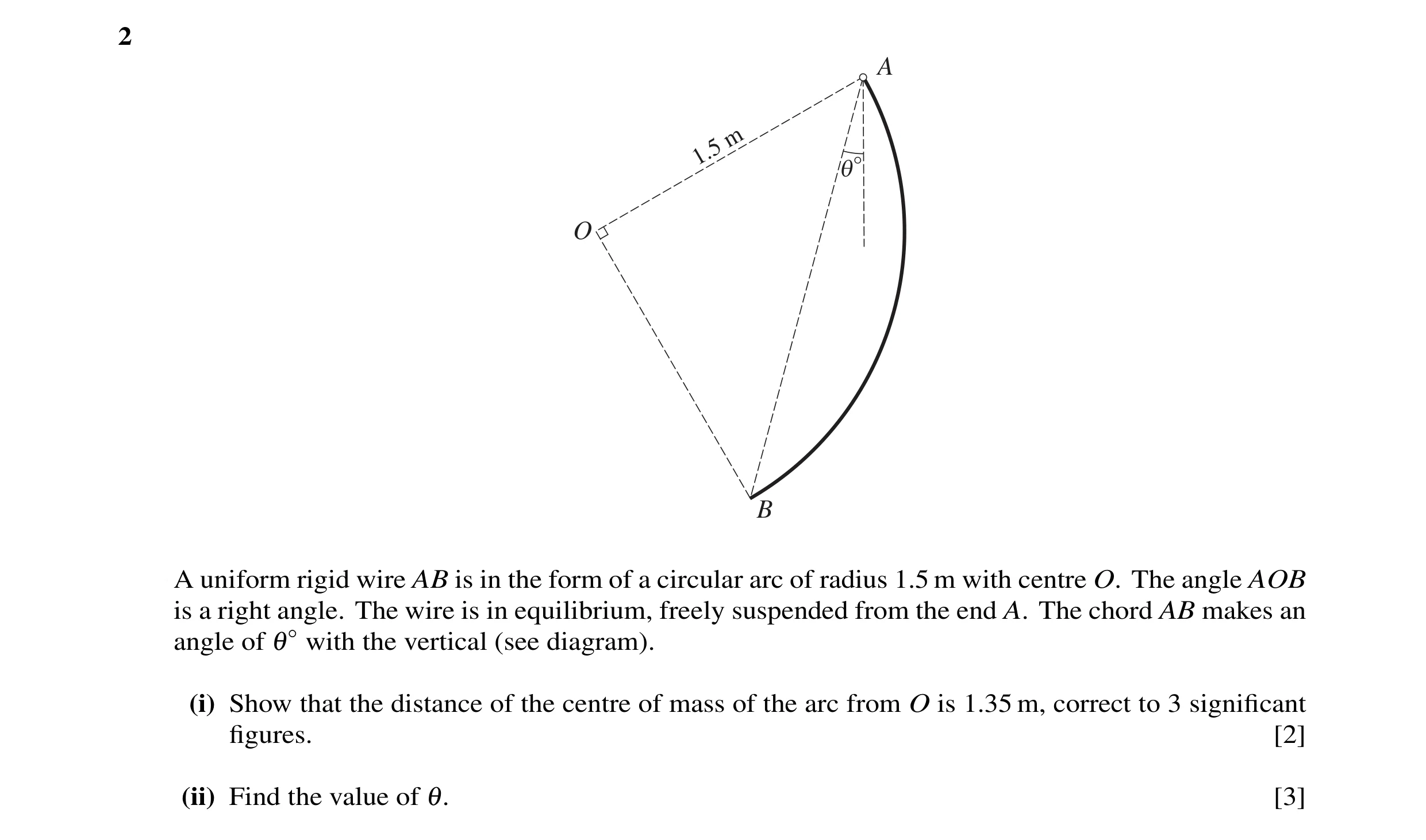 Question 1: A m 1.5 ° O B A uniform rigid wire AB is in the form of a circular arc of radius 1.5 m with centre O. The angle AOB is a right angle. The w…