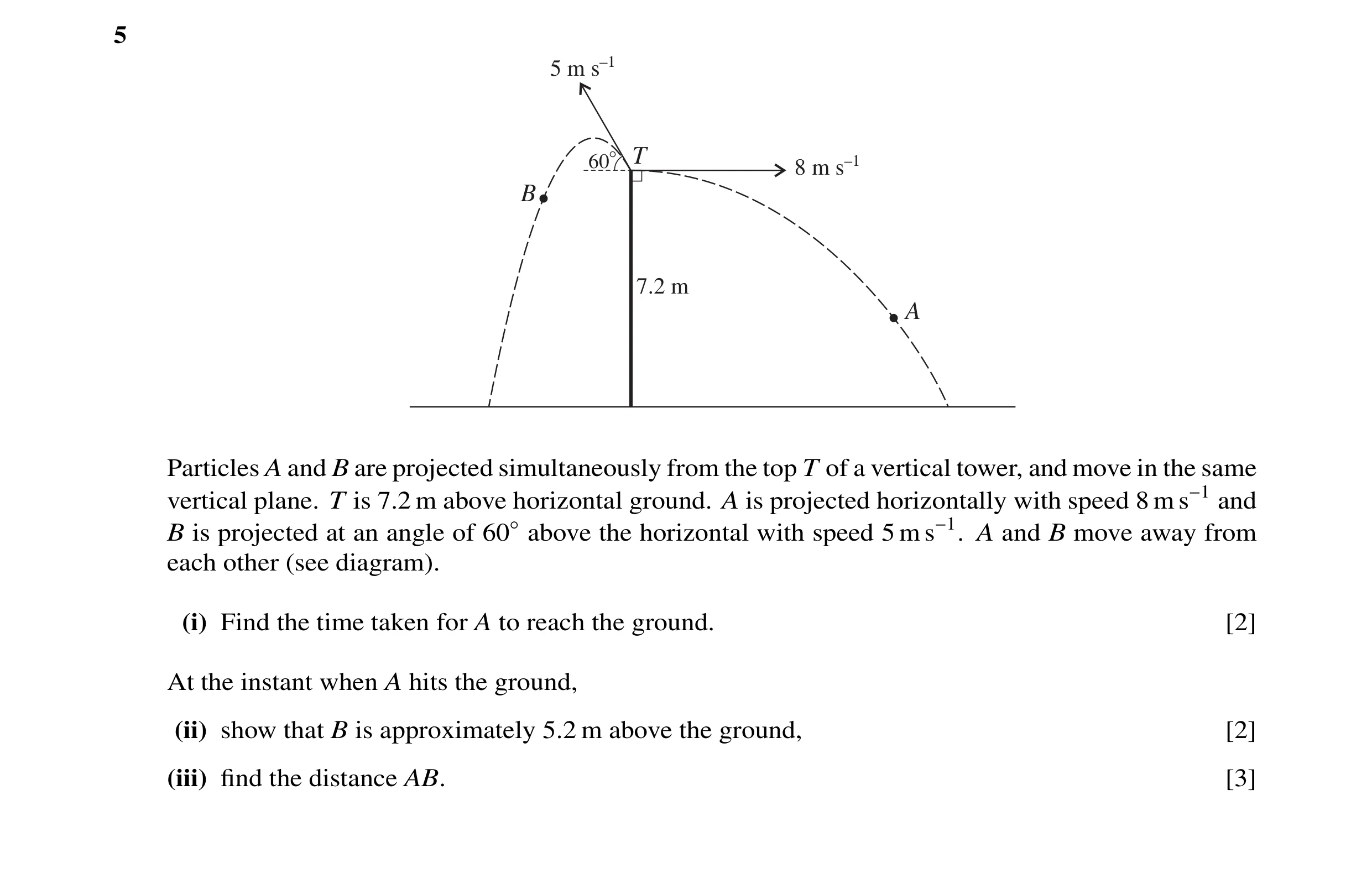 Question 14: 5 m s–1 60° T 8 m s–1 B 7.2 m A Particles A and B are projected simultaneously from the top T of a vertical tower, and move in the same ver…