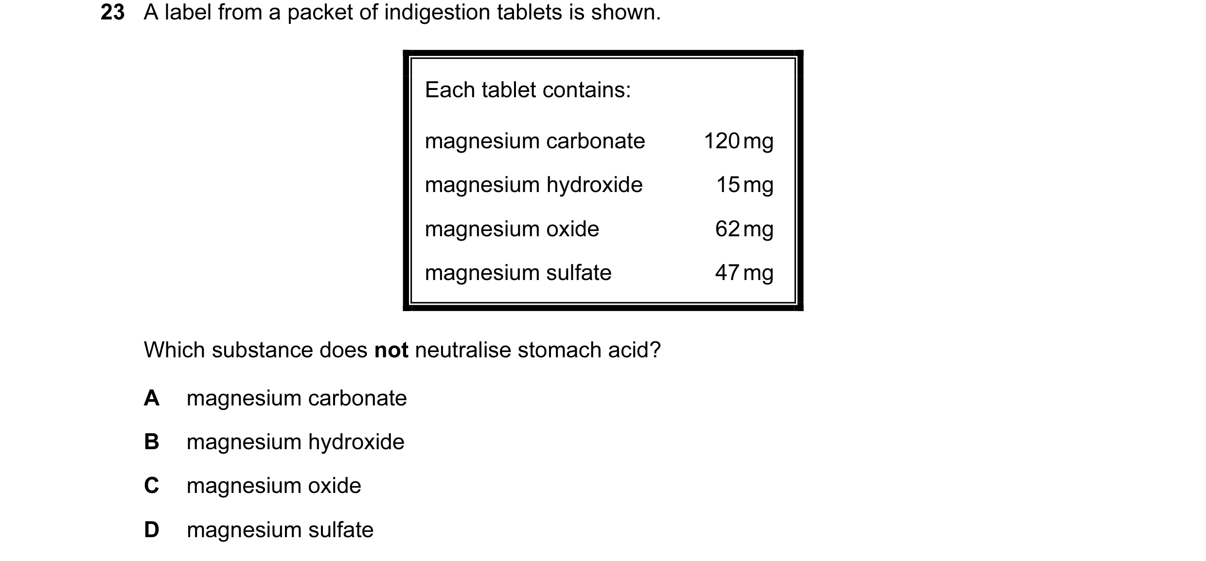 Question 31: A label from a packet of indigestion tablets is shown. Each tablet contains: magnesium carbonate 120 mg magnesium hydroxide 15 mg magnesium…