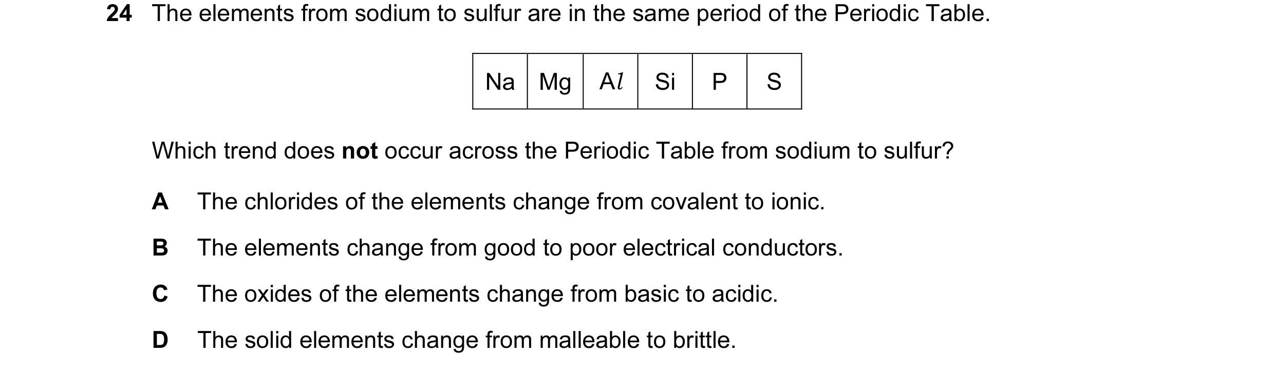 Question 16: The elements from sodium to sulfur are in the same period of the Periodic Table. Na Mg Al Si P S Which trend does not occur across the Peri…