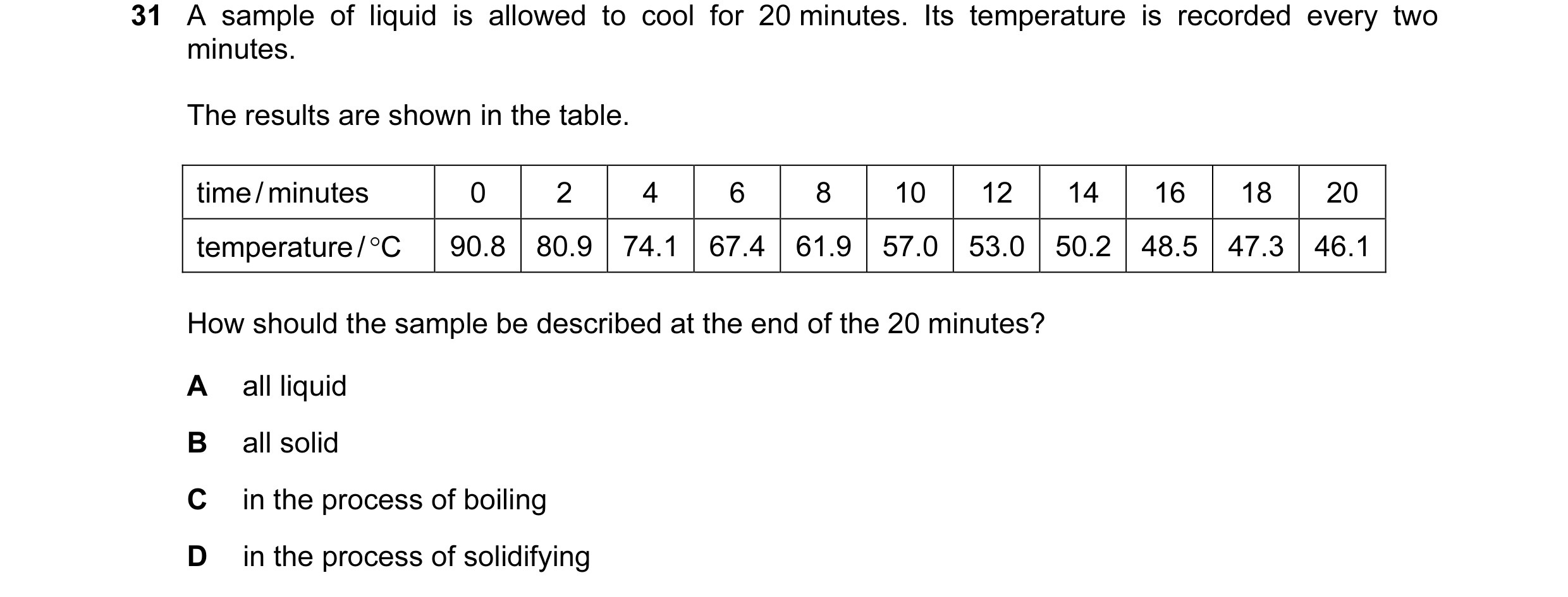Question 17: A sample of liquid is allowed to cool for 20 minutes. Its temperature is recorded every two minutes. The results are shown in the table. ti…