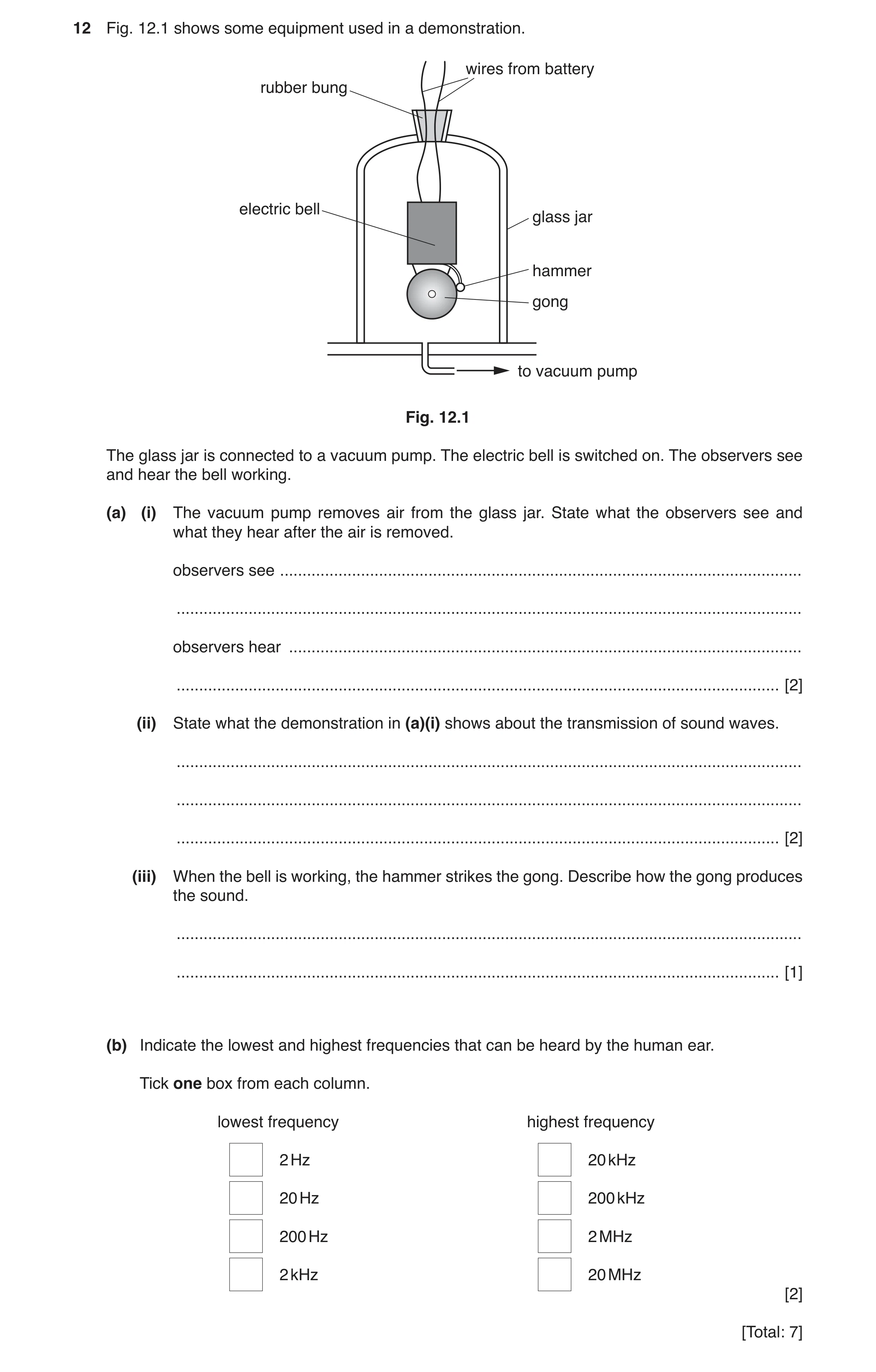 Question 6: Fig. 12.1 shows some equipment used in a demonstration. wires from battery rubber bung electric bell glass jar hammer gong to vacuum pump F…