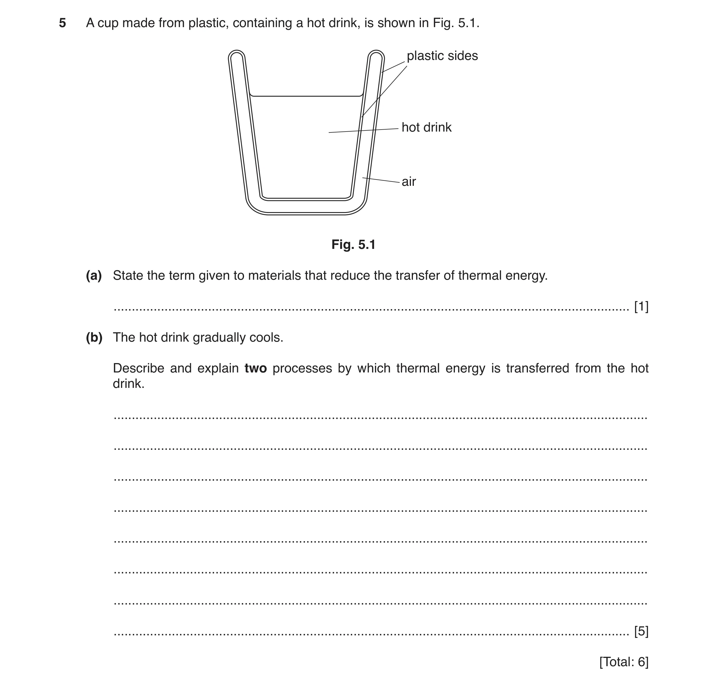 Question 3: A cup made from plastic, containing a hot drink, is shown in Fig. 5.1. plastic sides hot drink air Fig. 5.1 (a) State the term given to mat…