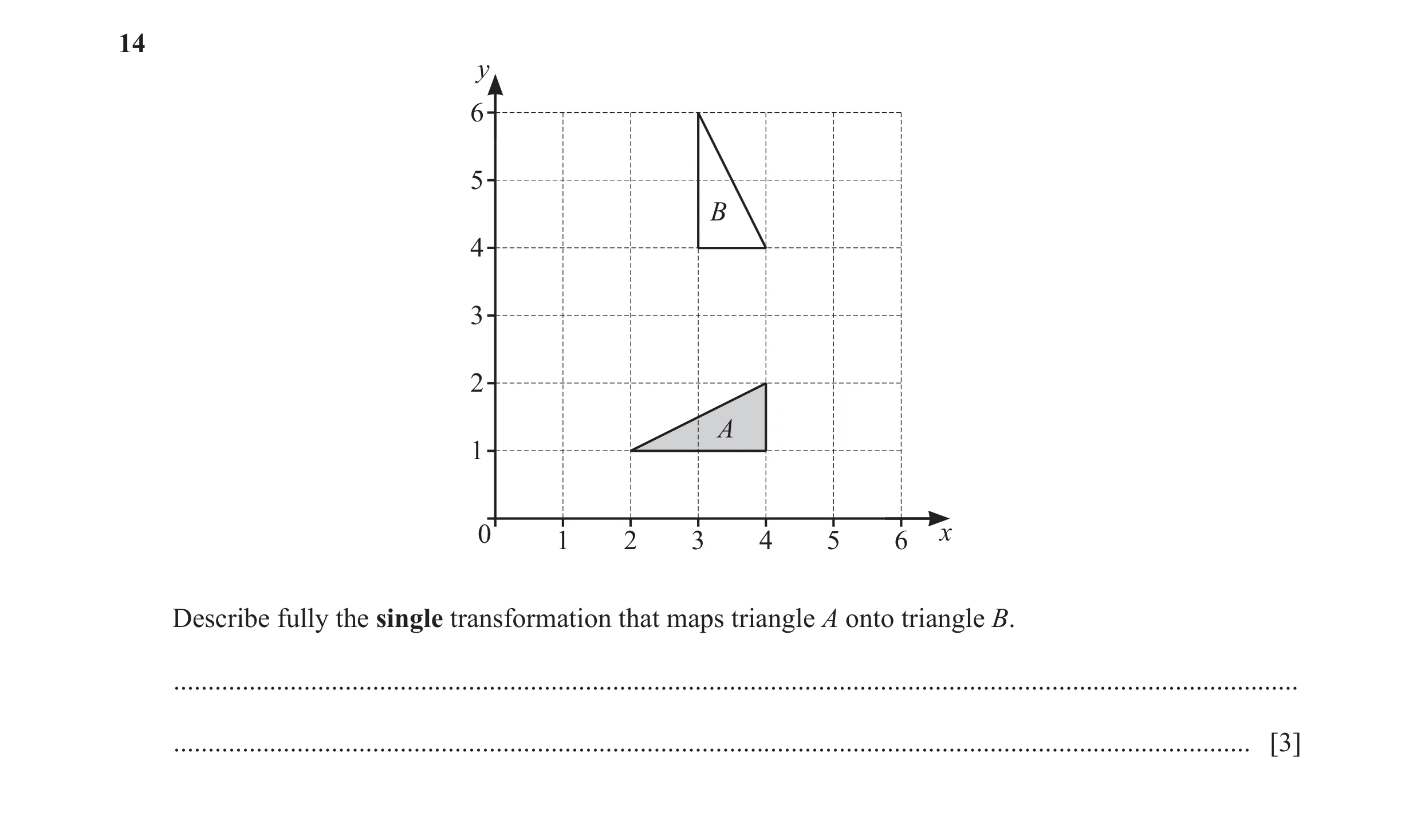 Question 29: y 6 5 B 4 3 2 A 1 0 1 2 3 4 5 6 x Describe fully the single transformation that maps triangle A onto triangle B. ..........................…