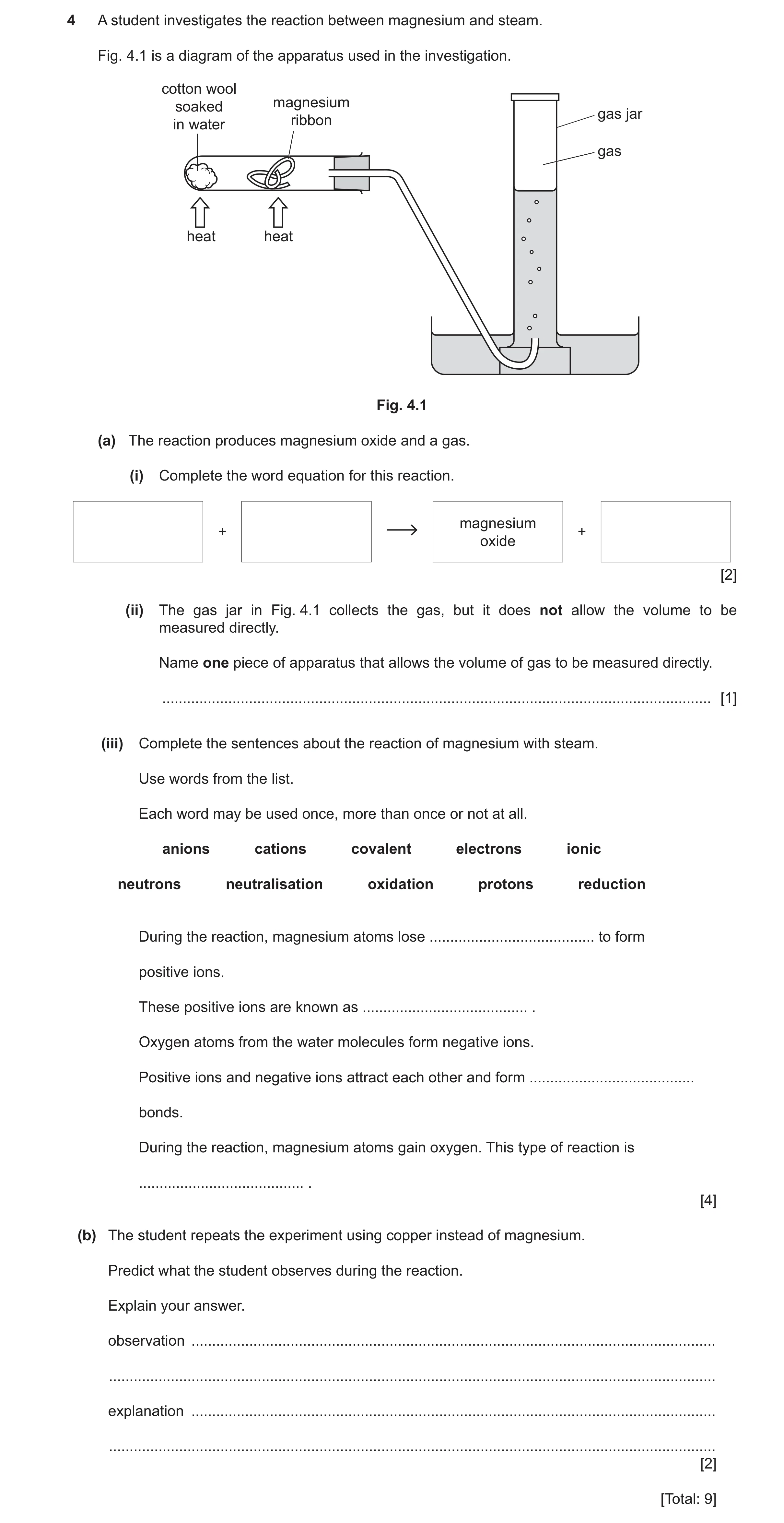 Question 24: A student investigates the reaction between magnesium and steam. Fig. 4.1 is a diagram of the apparatus used in the investigation. cotton w…