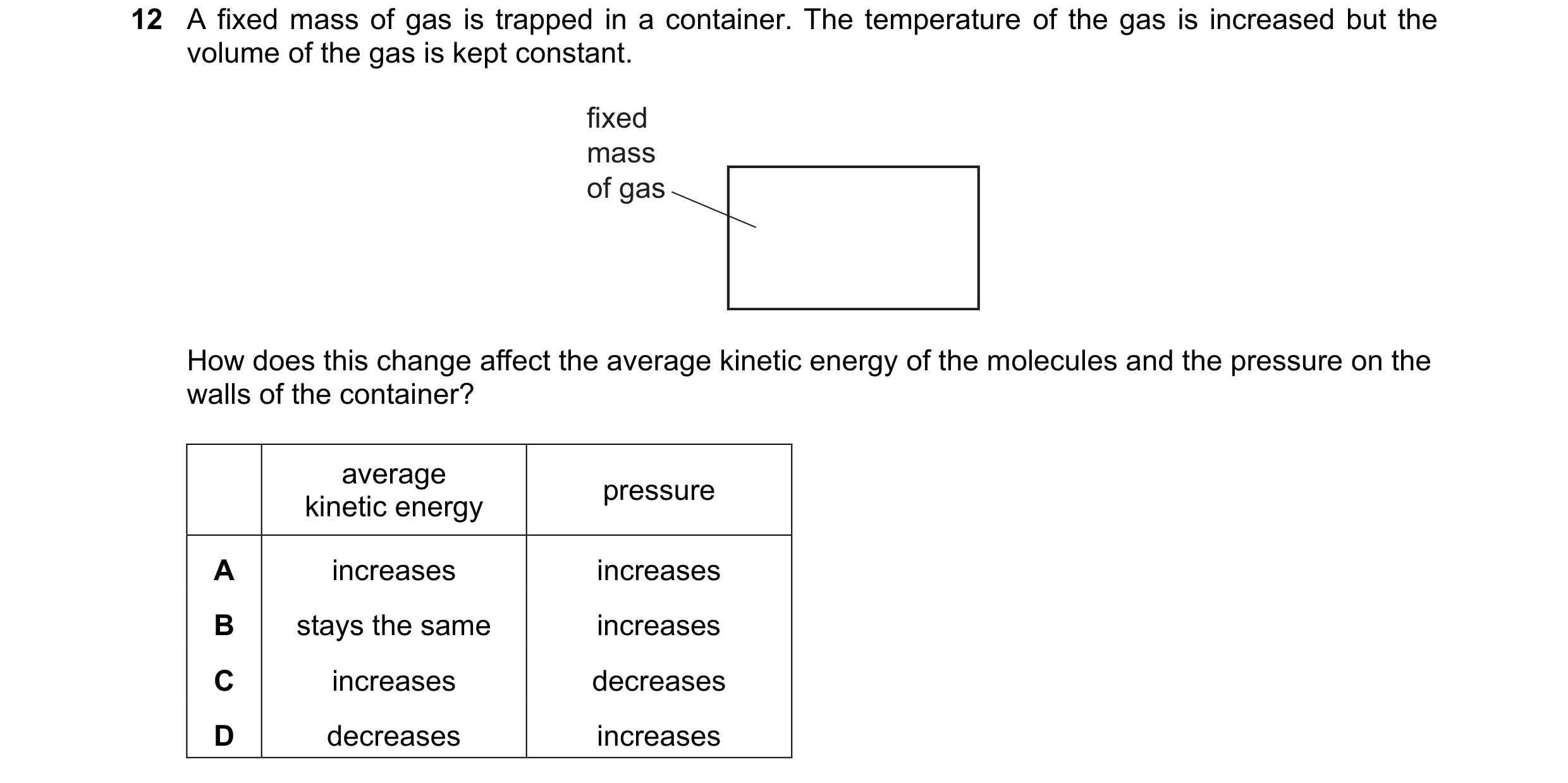 Question 104: A fixed mass of gas is trapped in a container. The temperature of the gas is increased but the volume of the gas is kept constant. fixed ma…