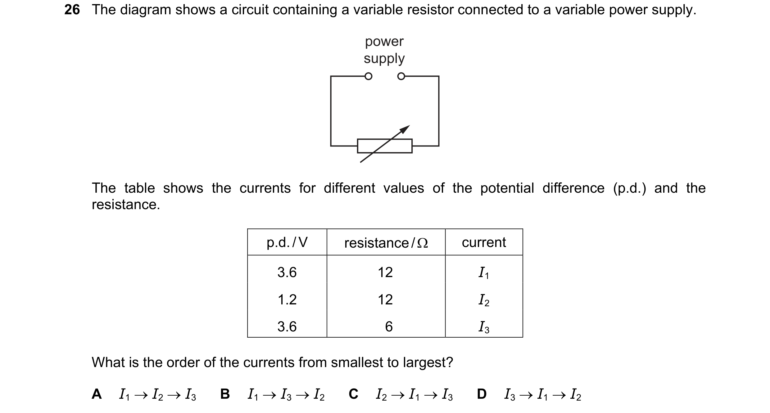Question 226: The diagram shows a circuit containing a variable resistor connected to a variable power supply. power supply The table shows the currents …