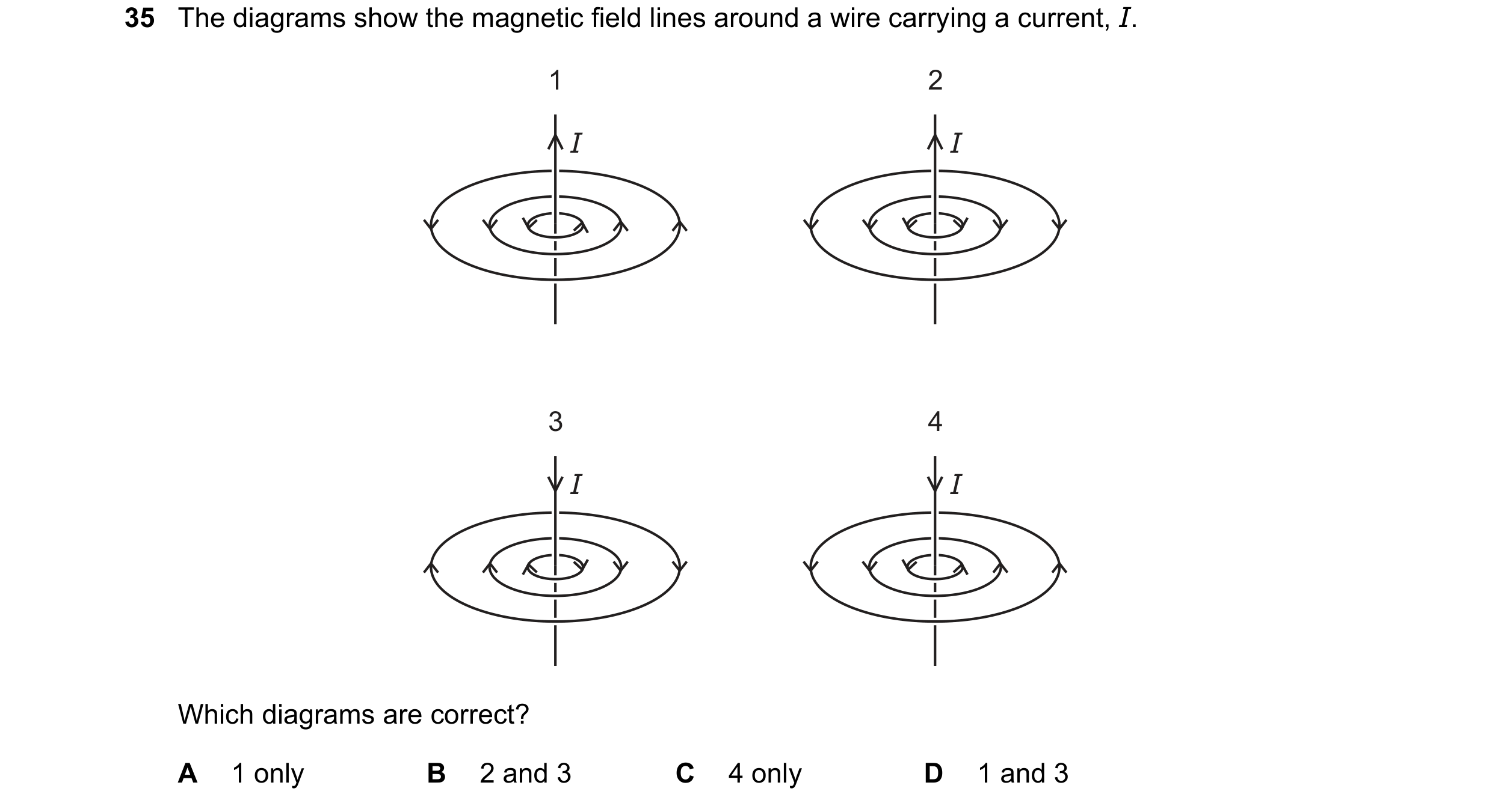 Question 121: The diagrams show the magnetic field lines around a wire carrying a current, I. 1 2 I I 3 4 I I Which diagrams are correct? A 1 only B 2 an…