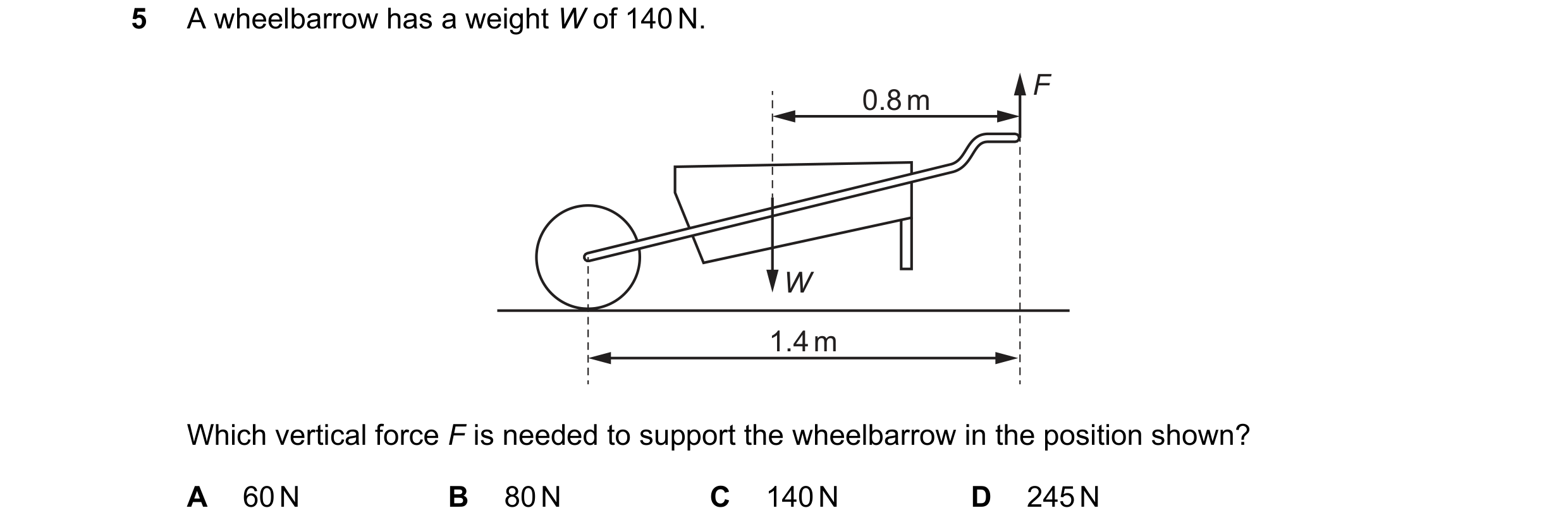 Question 168: A wheelbarrow has a weight W of 140 N. F 0.8 m W 1.4 m Which vertical force F is needed to support the wheelbarrow in the position shown? A…