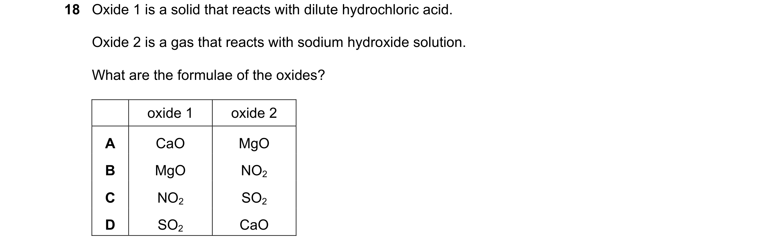 Question 12: Oxide 1 is a solid that reacts with dilute hydrochloric acid. Oxide 2 is a gas that reacts with sodium hydroxide solution. What are the for…