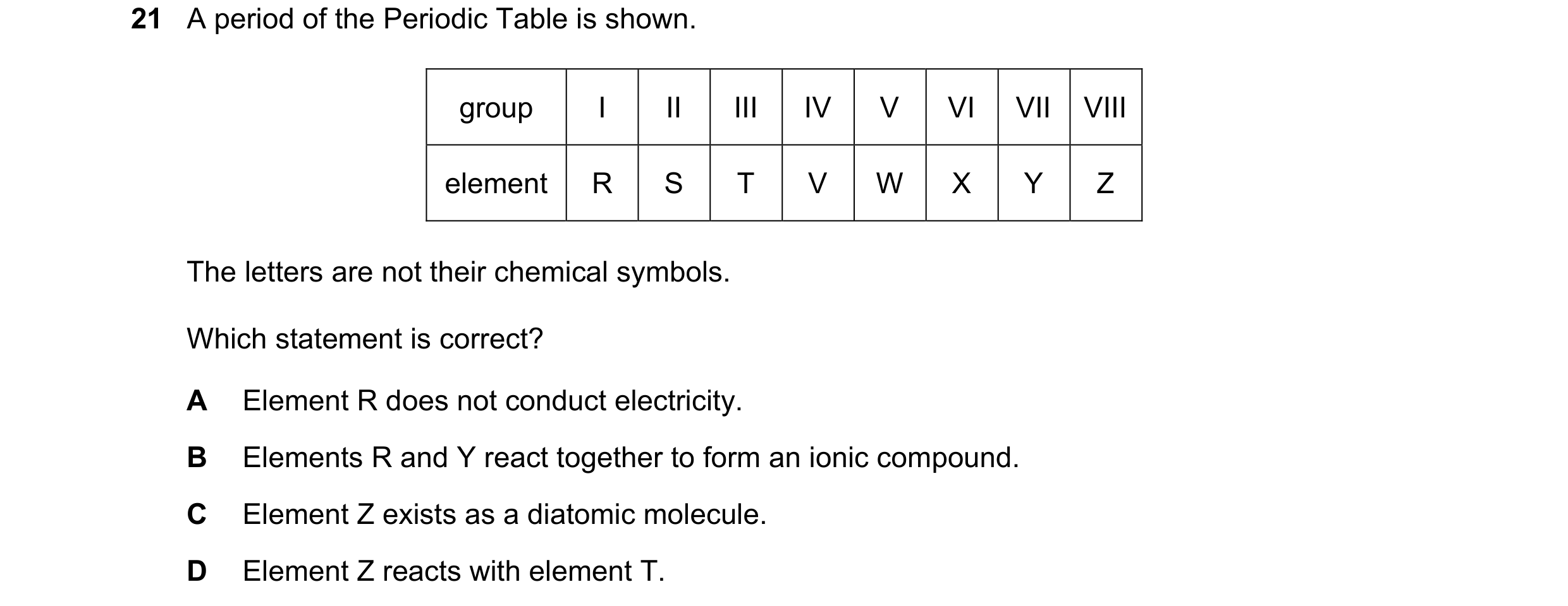 Question 8: A period of the Periodic Table is shown. group I II III IV V VI VII VIII element R S T V W X Y Z The letters are not their chemical symbols…