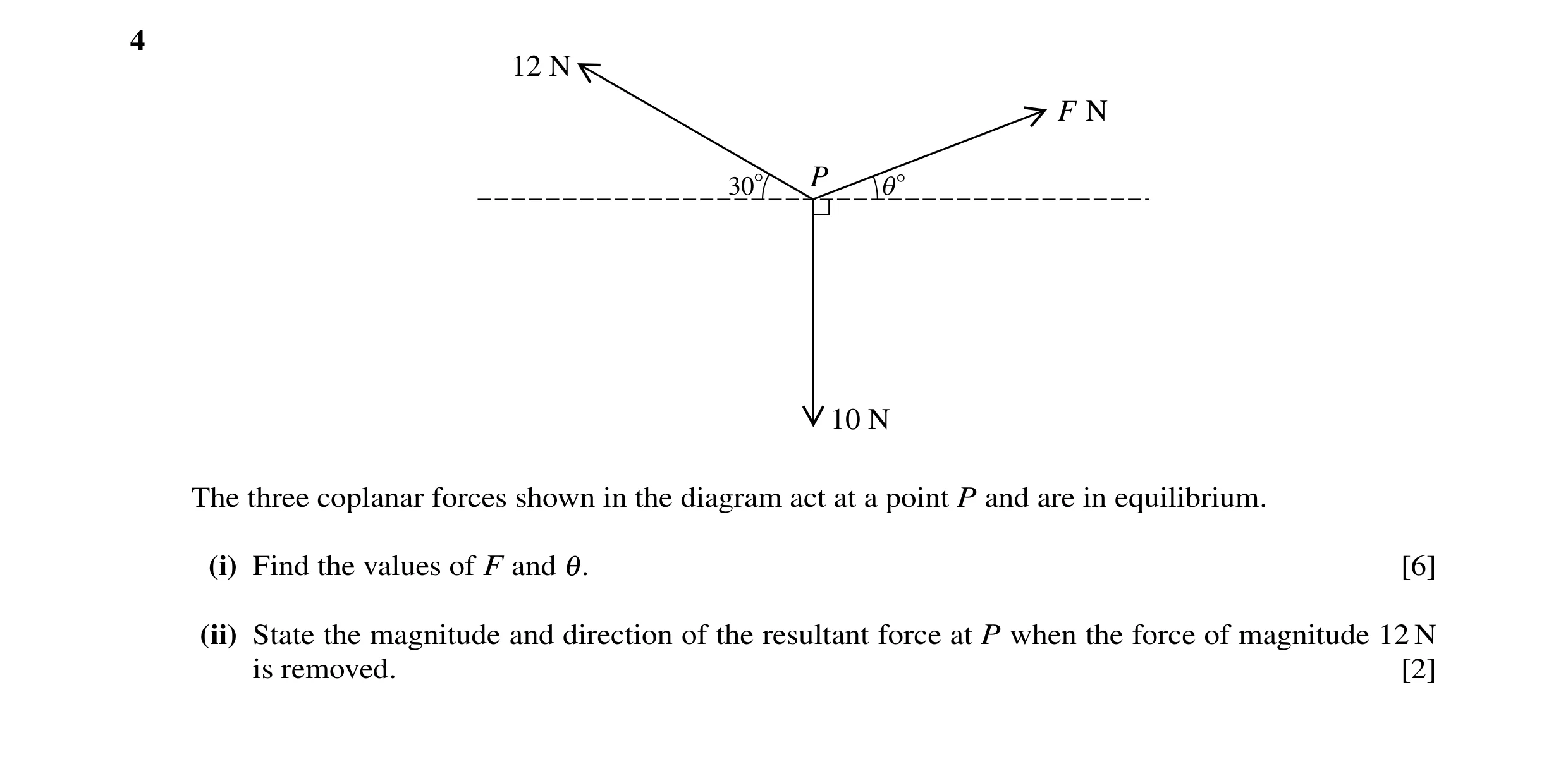 Question 35: 12 N F N P 30° q° 10 N The three coplanar forces shown in the diagram act at a point P and are in equilibrium. (i) Find the values of F and…