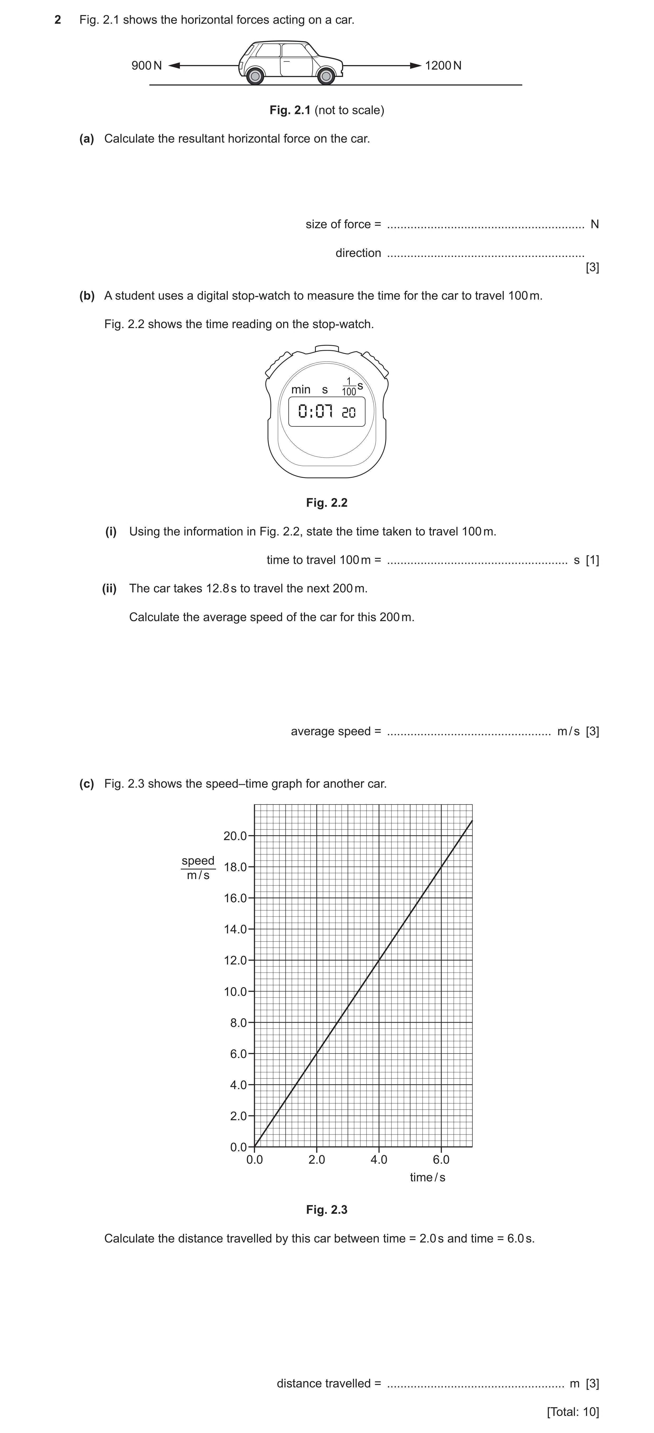 Question 45: Fig. 2.1 shows the horizontal forces acting on a car. 900 N 1200 N Fig. 2.1 (not to scale) (a) Calculate the resultant horizontal force on …