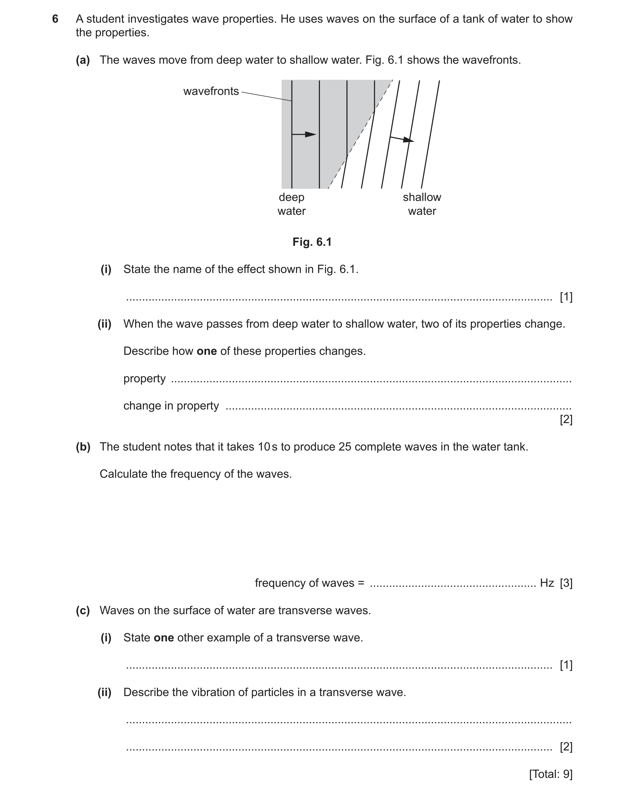 Question 18: A student investigates wave properties. He uses waves on the surface of a tank of water to show the properties. (a) The waves move from dee…