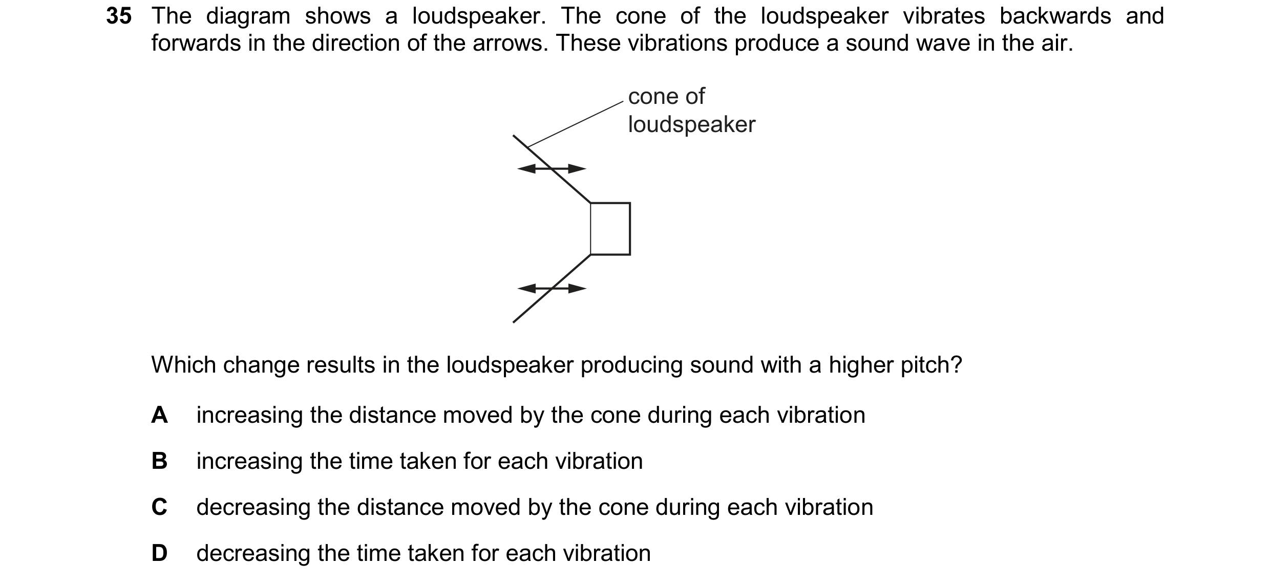 Question 69: The diagram shows a loudspeaker. The cone of the loudspeaker vibrates backwards and forwards in the direction of the arrows. These vibratio…