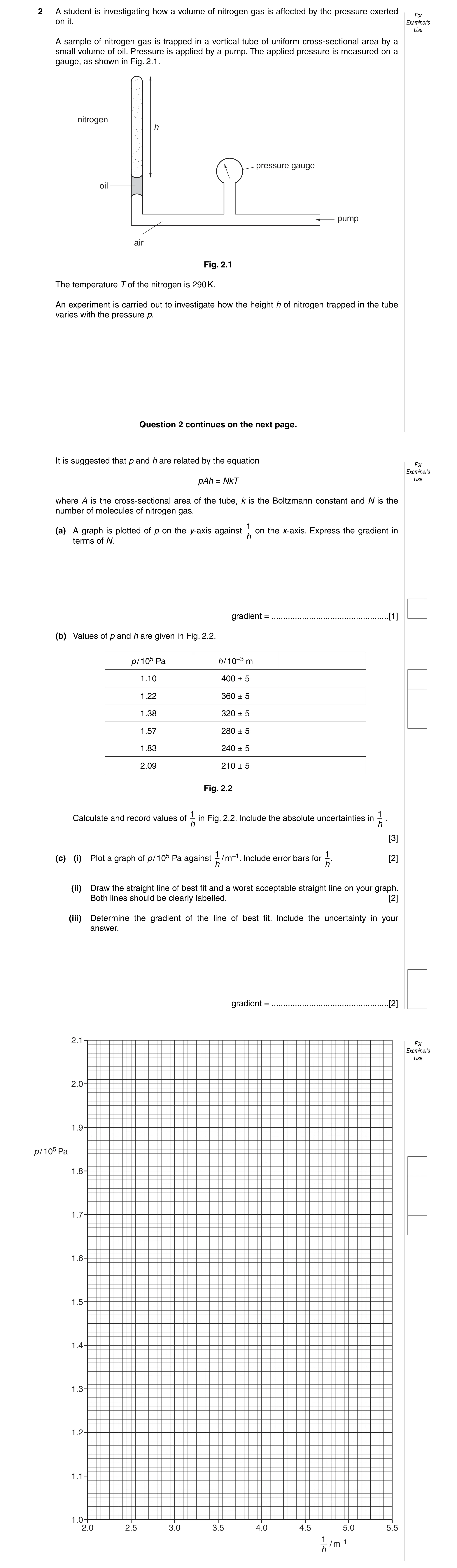 Question 7: A student is investigating how a volume of nitrogen gas is affected by the pressure exerted For on it. Examiner’s Use A sample of nitrogen …