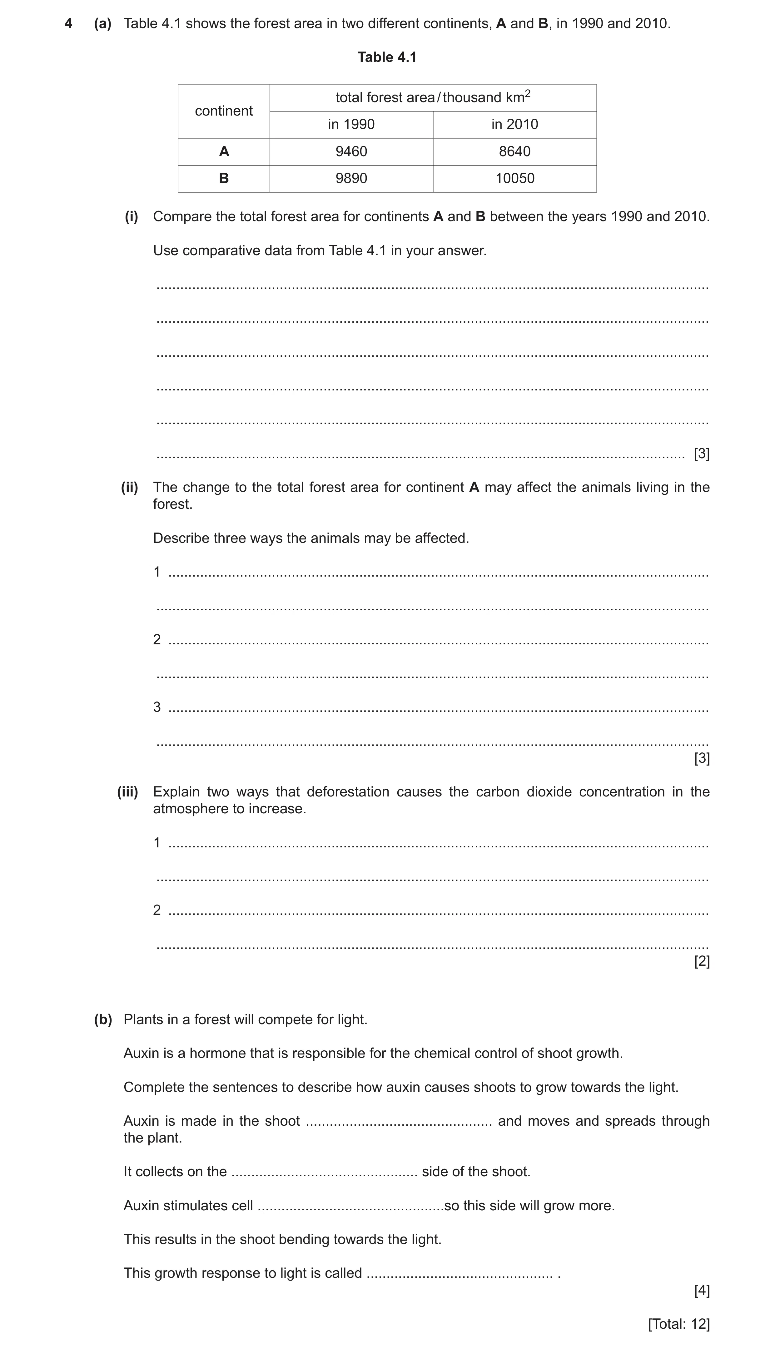 Question 8: (a) Table 4.1 shows the forest area in two different continents, A and B, in 1990 and 2010. Table 4.1 total forest area / thousand km2 cont…