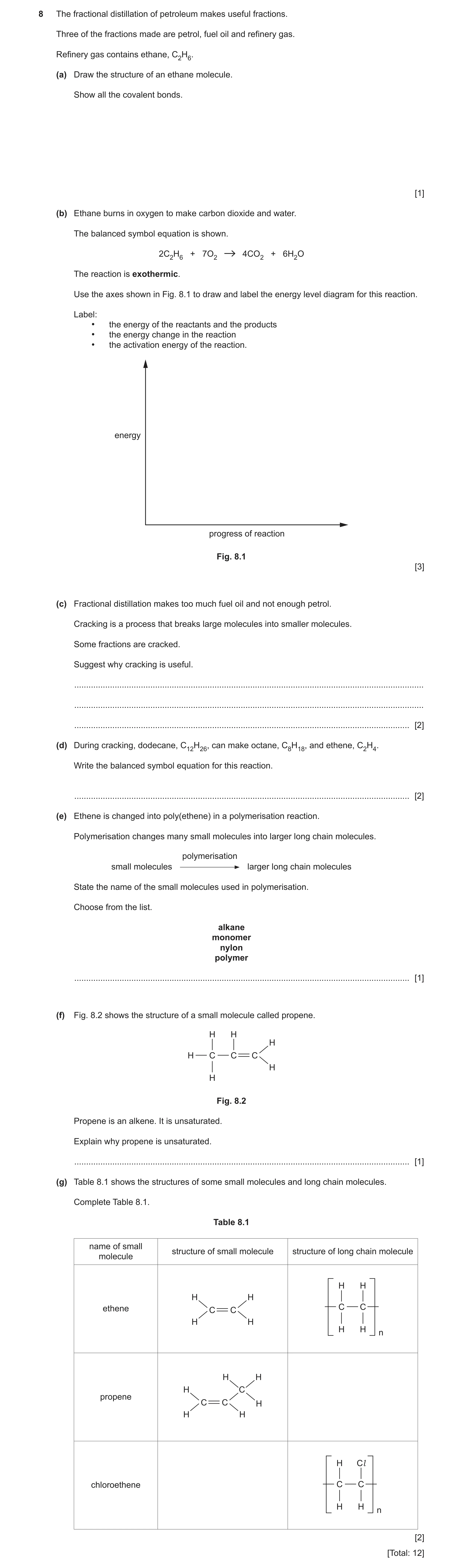 Question 8: The fractional distillation of petroleum makes useful fractions. Three of the fractions made are petrol, fuel oil and refinery gas. Refiner…
