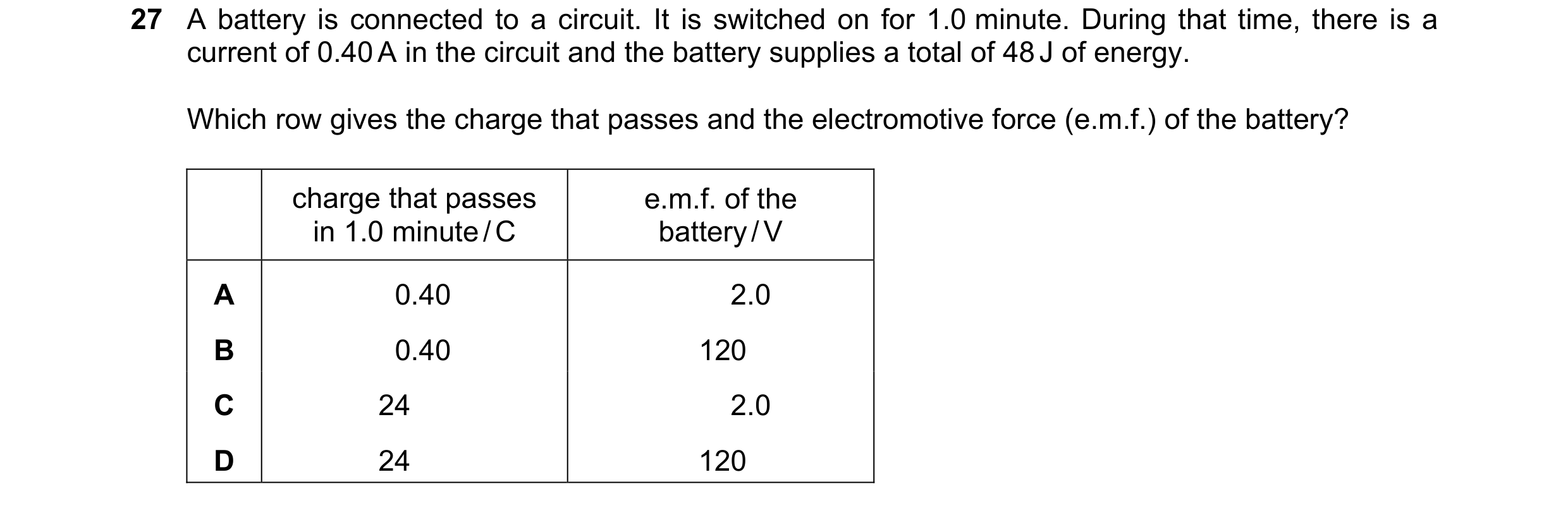 Question 45: A battery is connected to a circuit. It is switched on for 1.0 minute. During that time, there is a current of 0.40 A in the circuit and th…