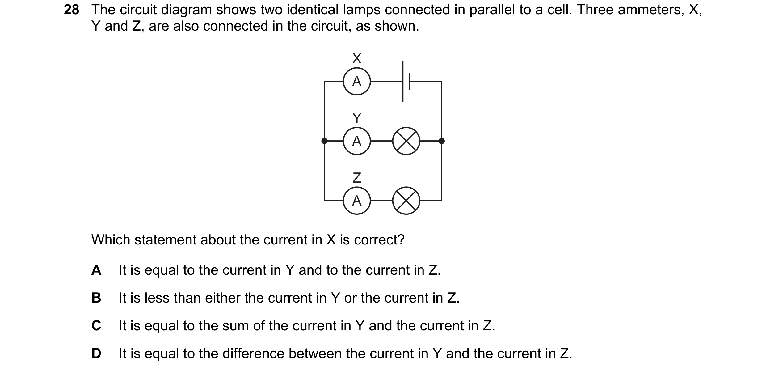 Question 46: The circuit diagram shows two identical lamps connected in parallel to a cell. Three ammeters, X, Y and Z, are also connected in the circui…