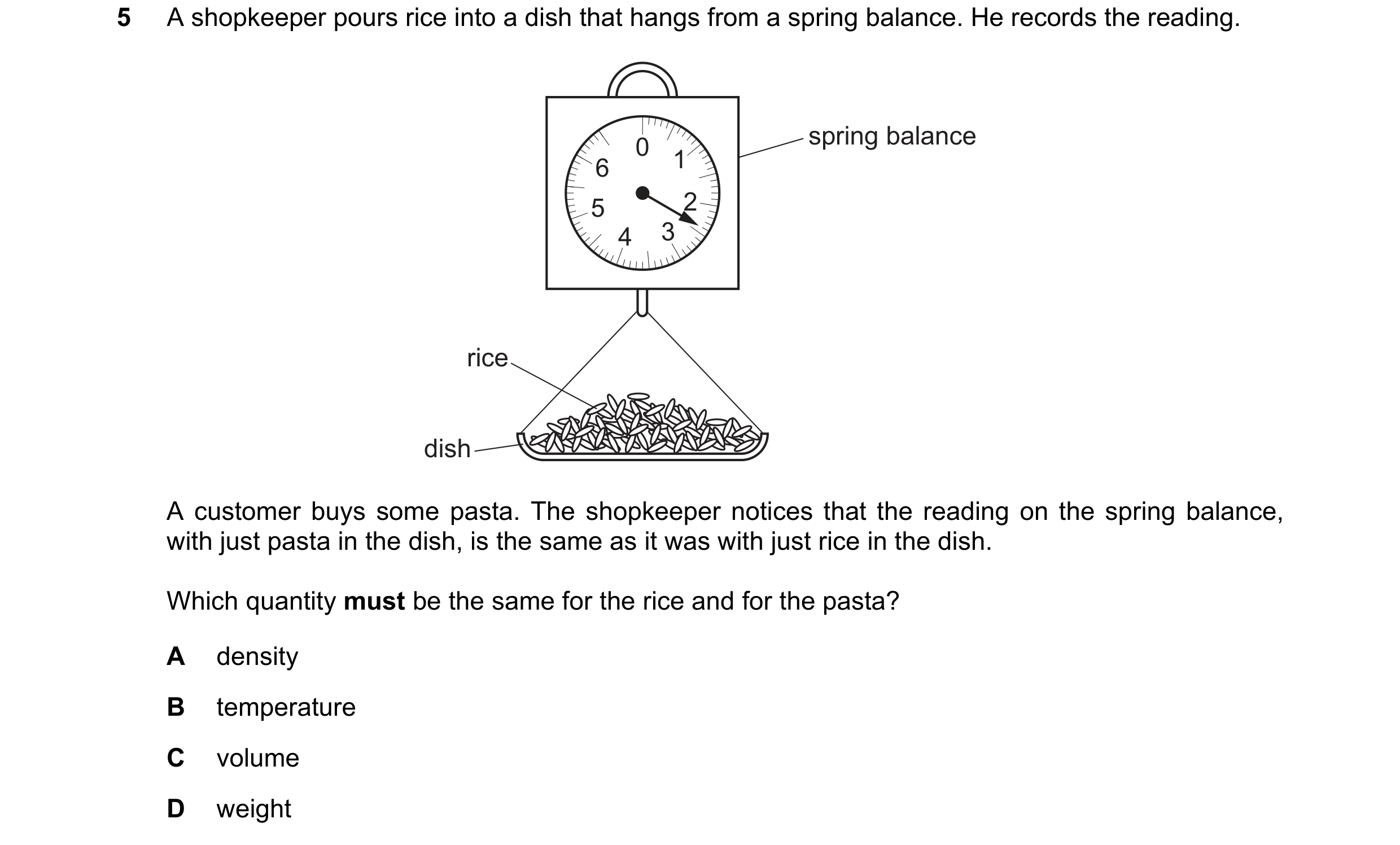 Question 22: A shopkeeper pours rice into a dish that hangs from a spring balance. He records the reading. 0 spring balance 6 1 5 2 4 3 rice dish A cust…