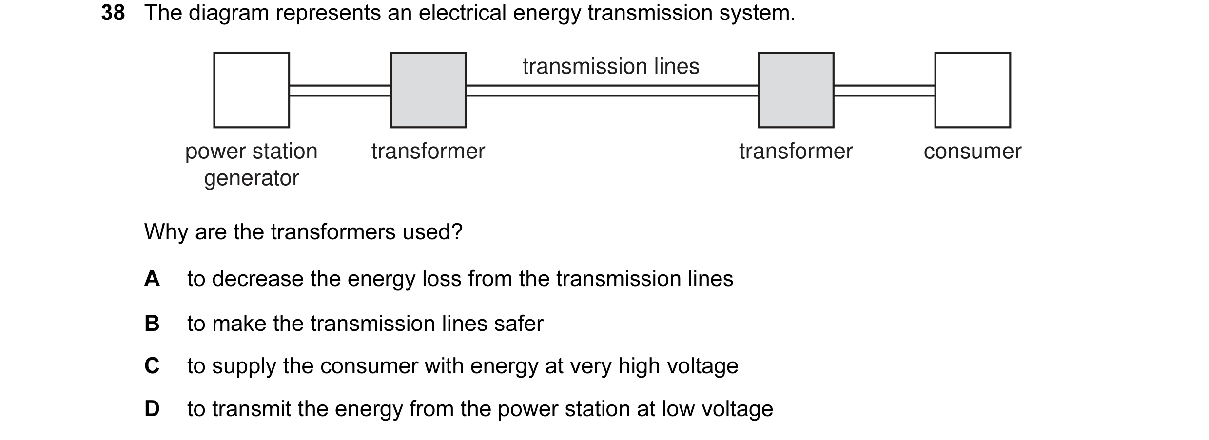 Question 12: The diagram represents an electrical energy transmission system. transmission lines power station transformer transformer consumer generato…