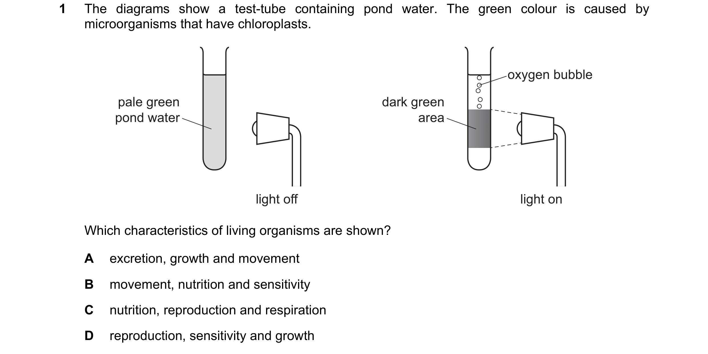 Question 5: The diagrams show a test-tube containing pond water. The green colour is caused by microorganisms that have chloroplasts. oxygen bubble pal…