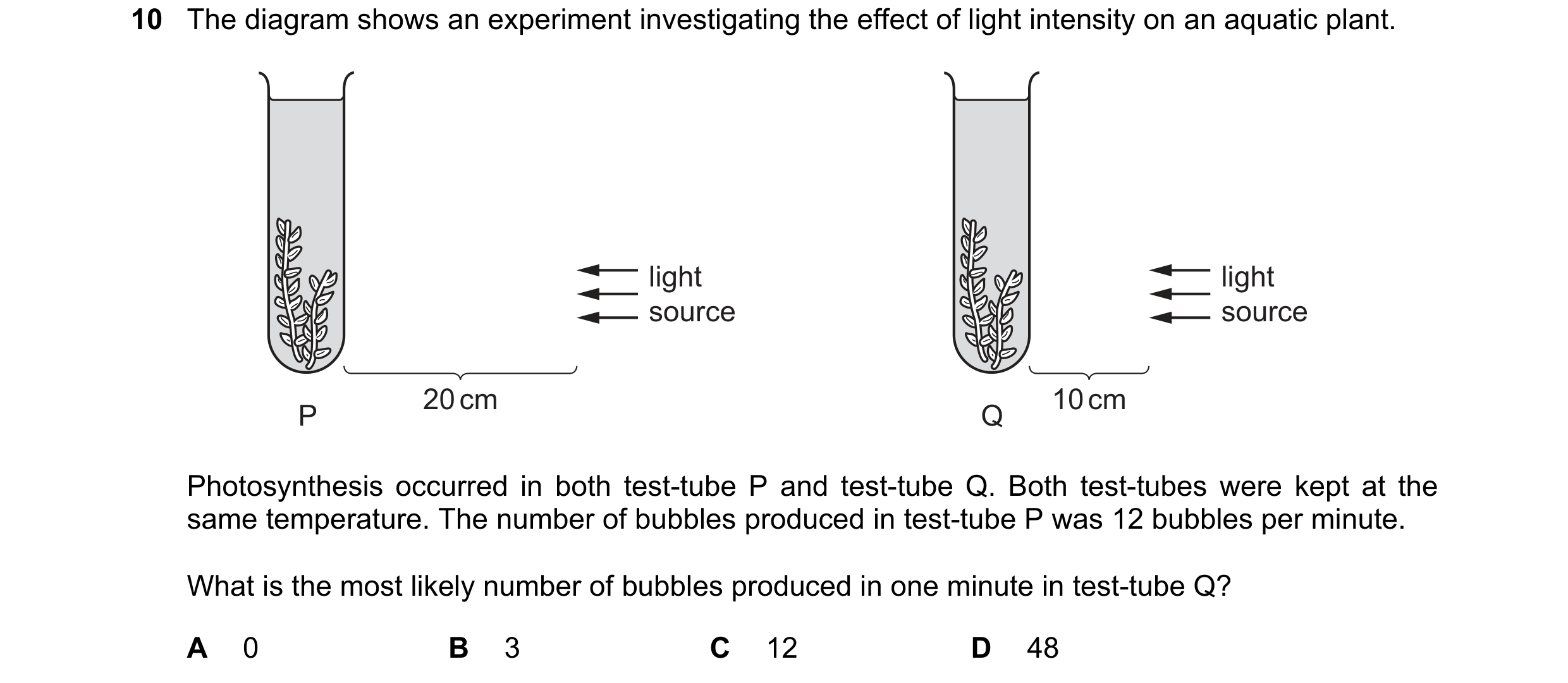 Question 7: The diagram shows an experiment investigating the effect of light intensity on an aquatic plant. light light source source 20 cm 10 cm P Q …