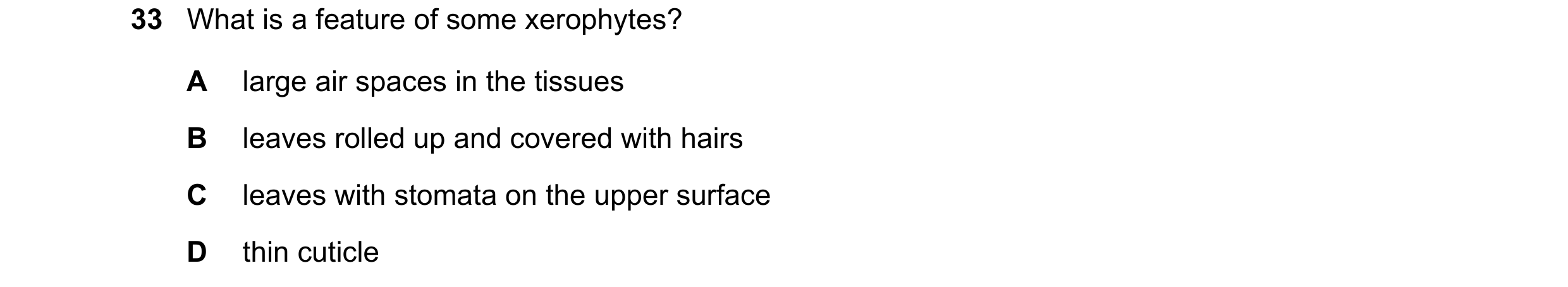 Question 7: What is a feature of some xerophytes? A large air spaces in the tissues B leaves rolled up and covered with hairs C leaves with stomata on …