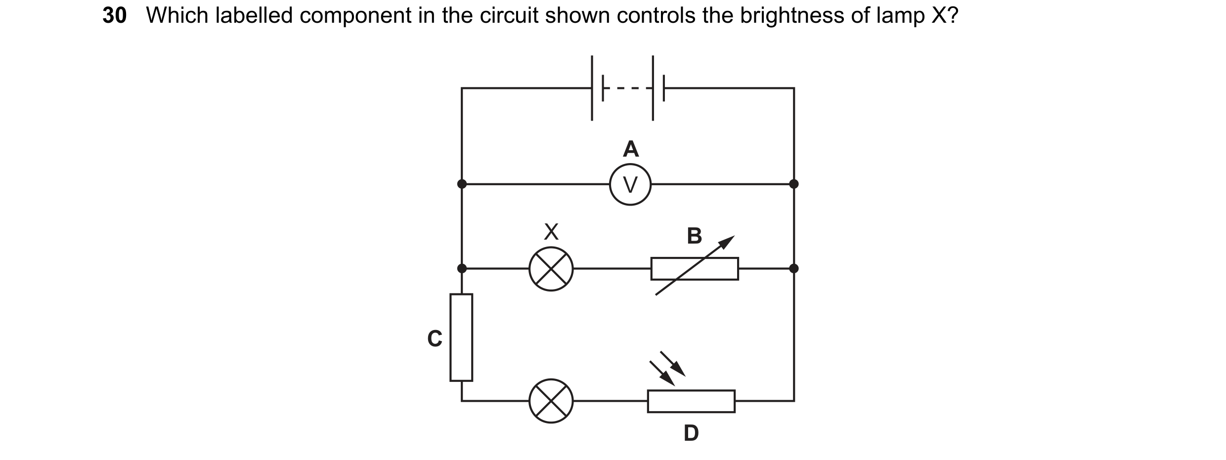 Question 309: Which labelled component in the circuit shown controls the brightness of lamp X? A V X B C D