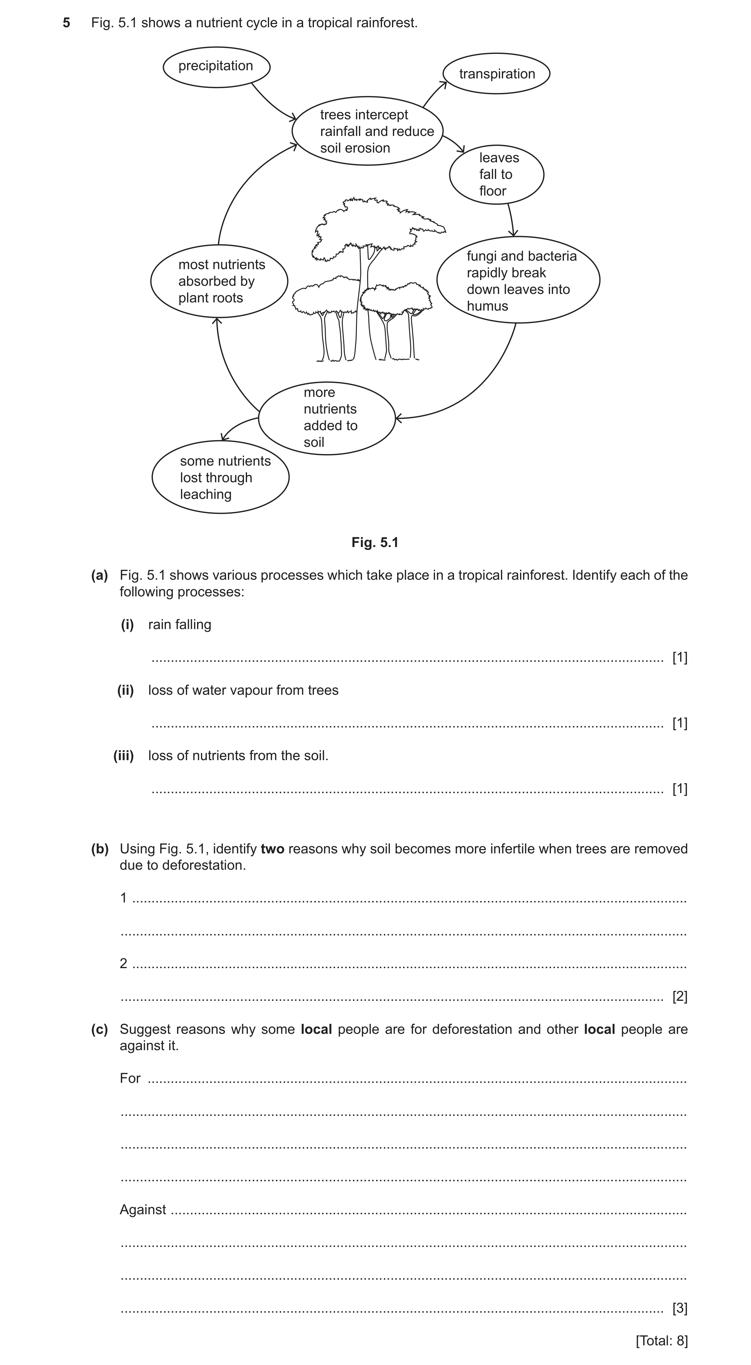 Question 21: Fig. 5.1 shows a nutrient cycle in a tropical rainforest. precipitation transpiration trees intercept rainfall and reduce soil erosion leav…