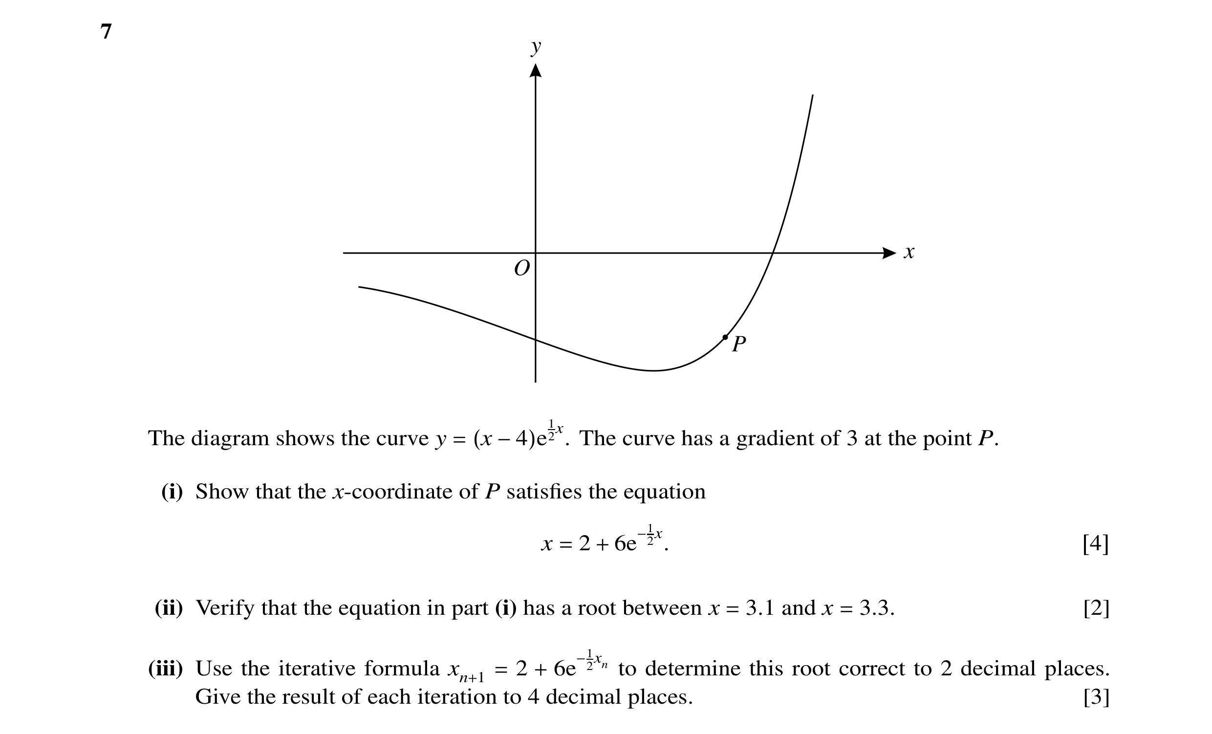 Question 18: y x O P 1 The diagram shows the curve y The curve has a gradient of 3 at the point P. = (x −4)e 2x. (i) Show that the x-coordinate of P sat…