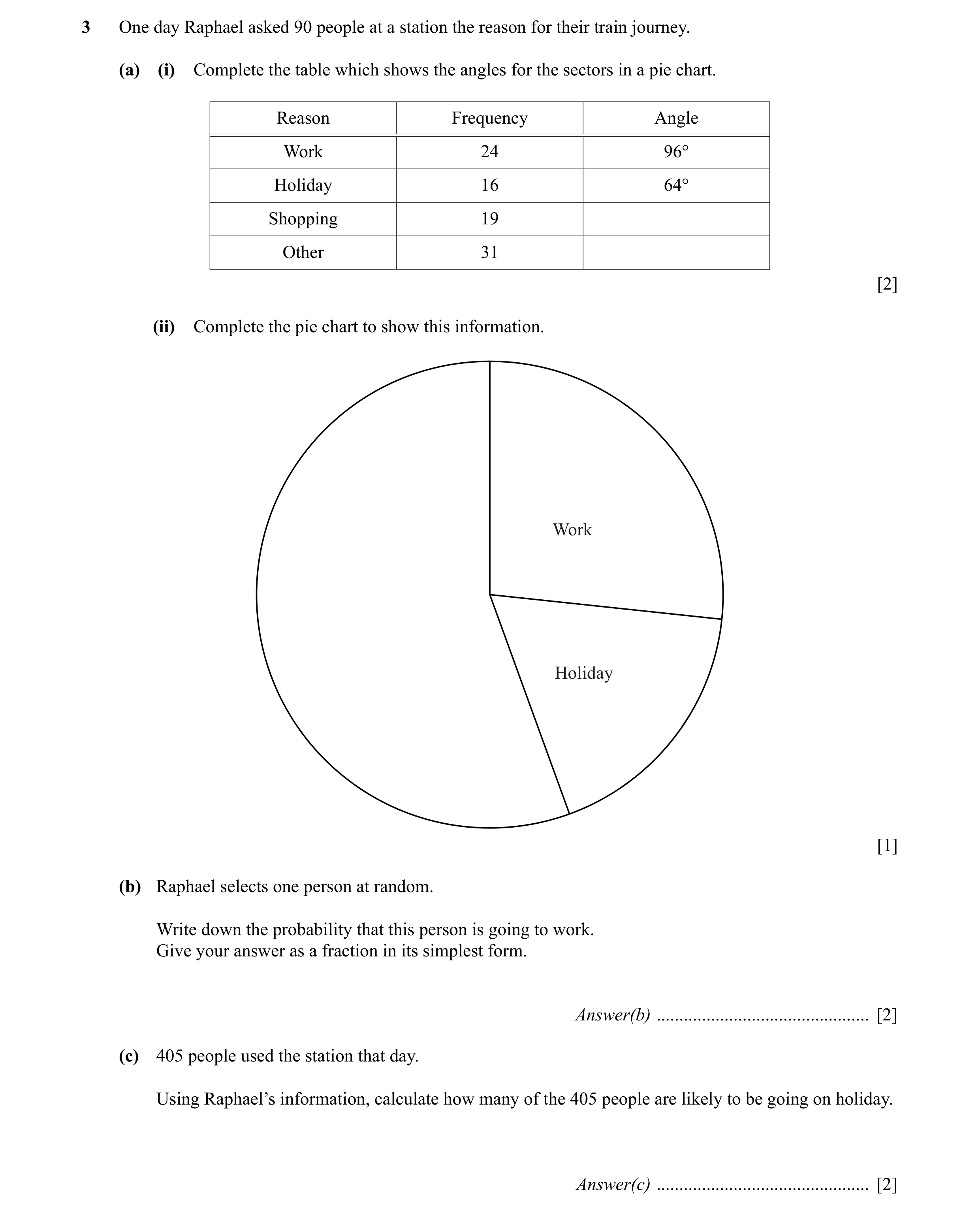 Question 9: One day Raphael asked 90 people at a station the reason for their train journey. (a) (i) Complete the table which shows the angles for the …