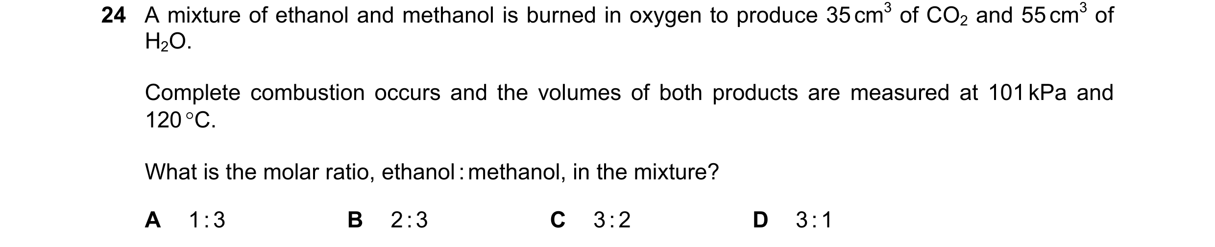 Question 205: A mixture of ethanol and methanol is burned in oxygen to produce 35 cm3 of CO2 and 55 cm3 of H2O. Complete combustion occurs and the volume…