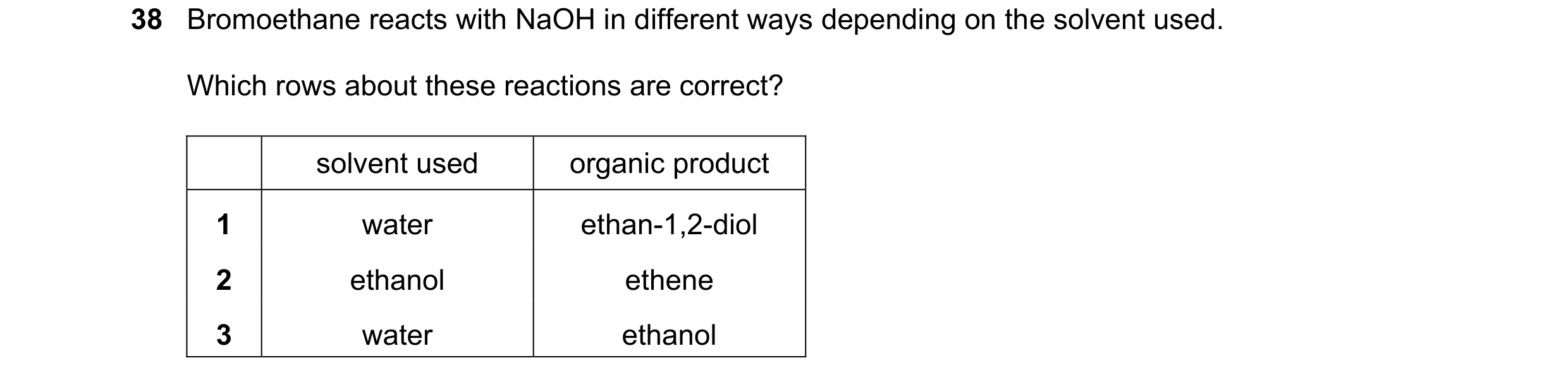 Question 285: Bromoethane reacts with NaOH in different ways depending on the solvent used. Which rows about these reactions are correct? solvent used or…