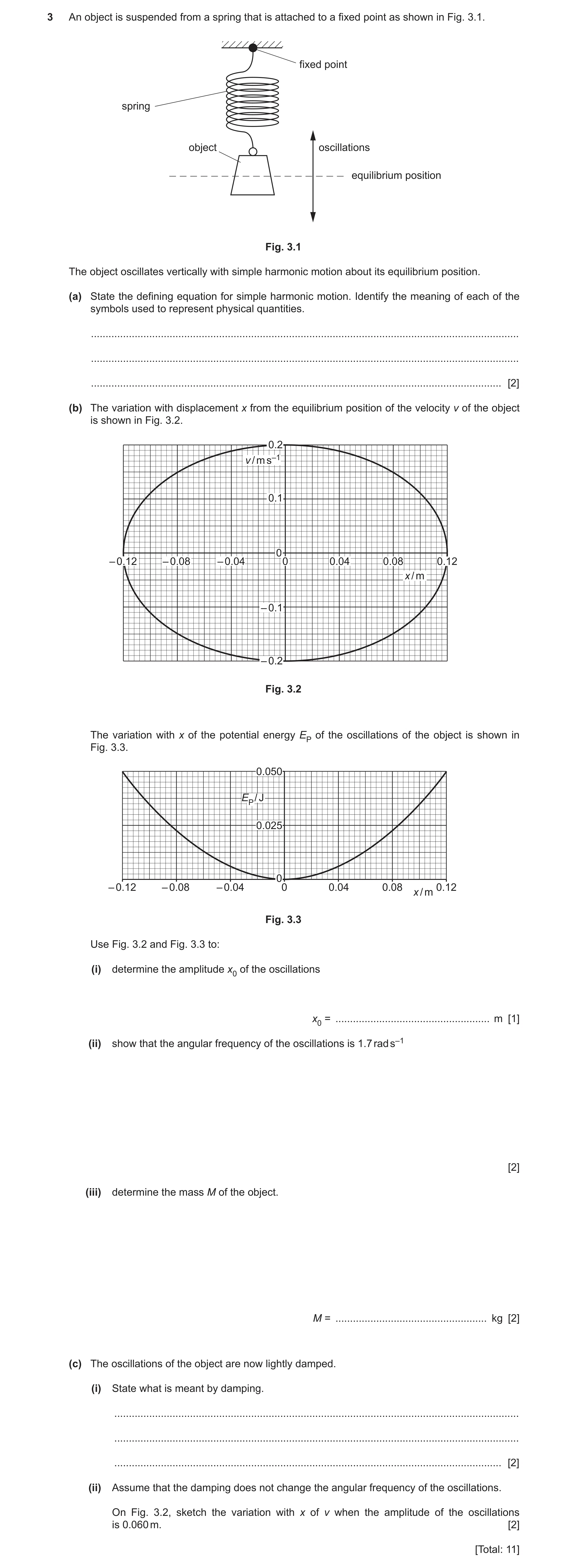 Question 41: An object is suspended from a spring that is attached to a fixed point as shown in Fig. 3.1. fixed point spring object oscillations equilib…