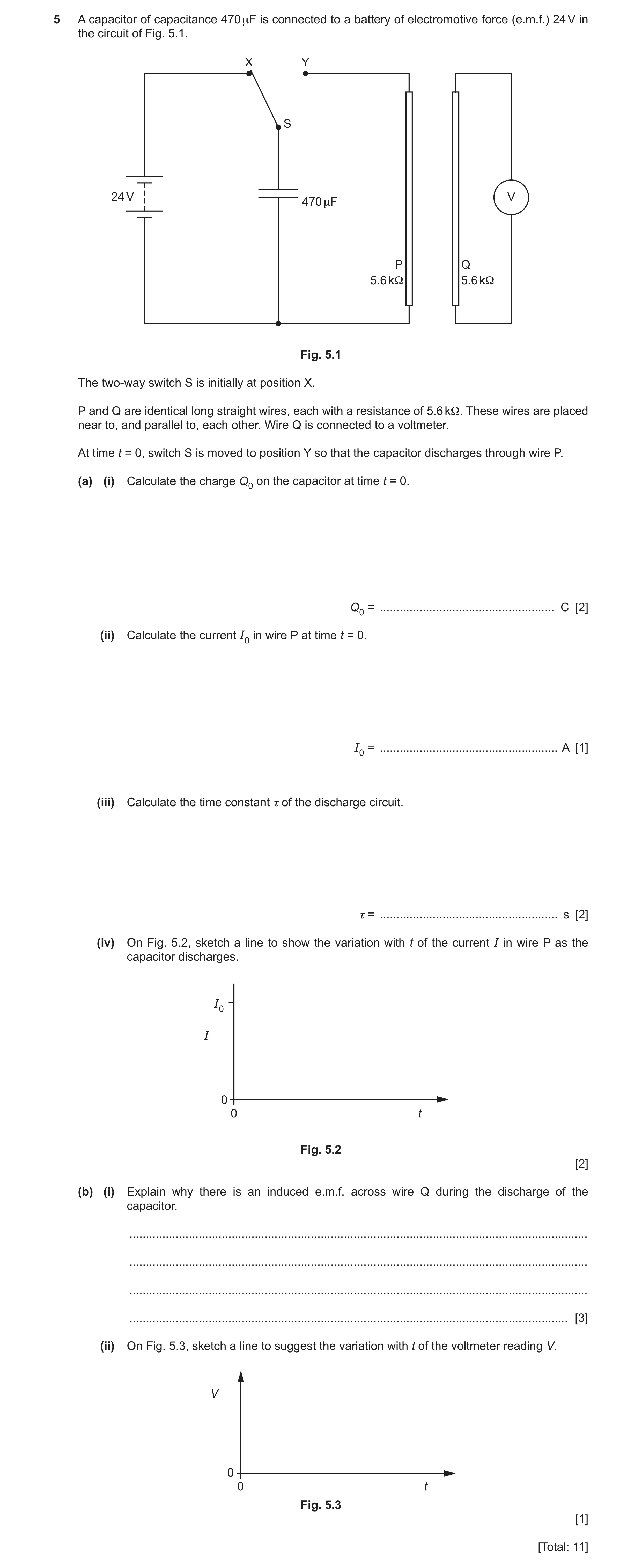 Question 37: A capacitor of capacitance 470 μF is connected to a battery of electromotive force (e.m.f.) 24 V in the circuit of Fig. 5.1. X Y S 24 V V 4…