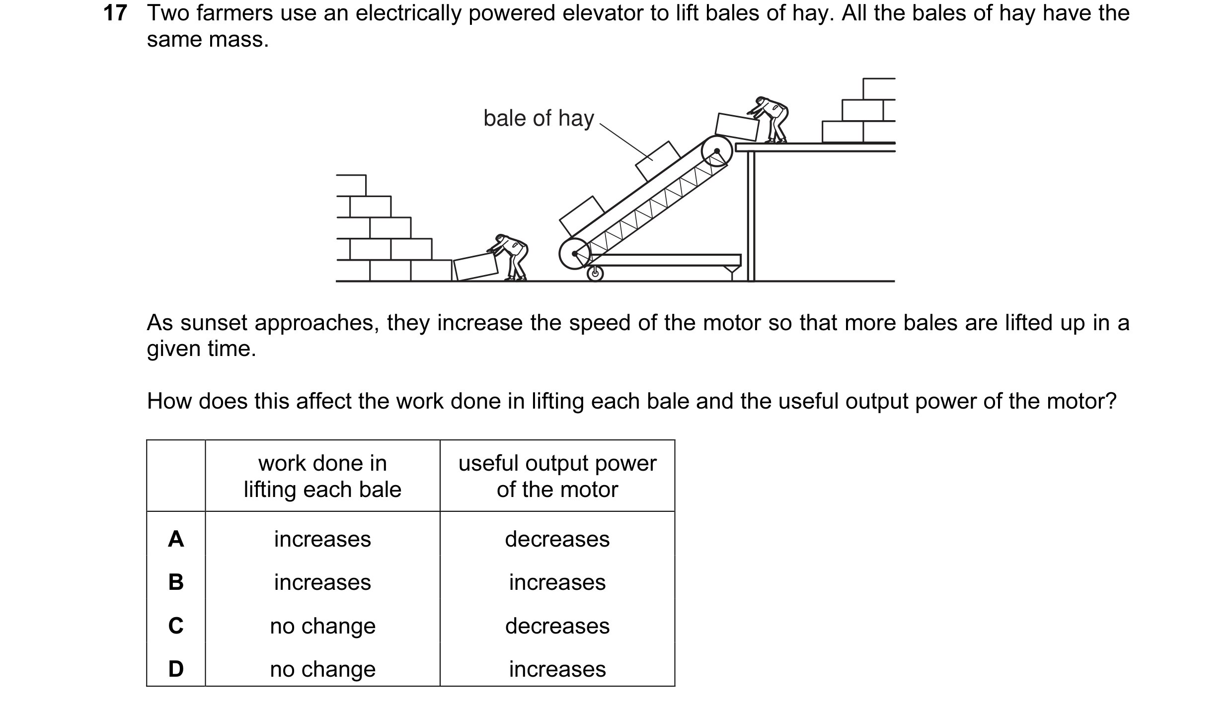 Question 41: Two farmers use an electrically powered elevator to lift bales of hay. All the bales of hay have the same mass. bale of hay As sunset appro…