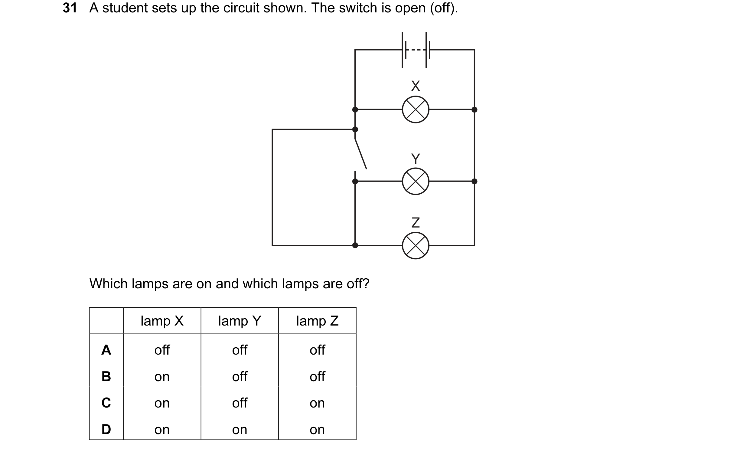 Question 81: A student sets up the circuit shown. The switch is open (off). X Y Z Which lamps are on and which lamps are off? lamp X lamp Y lamp Z A off…
