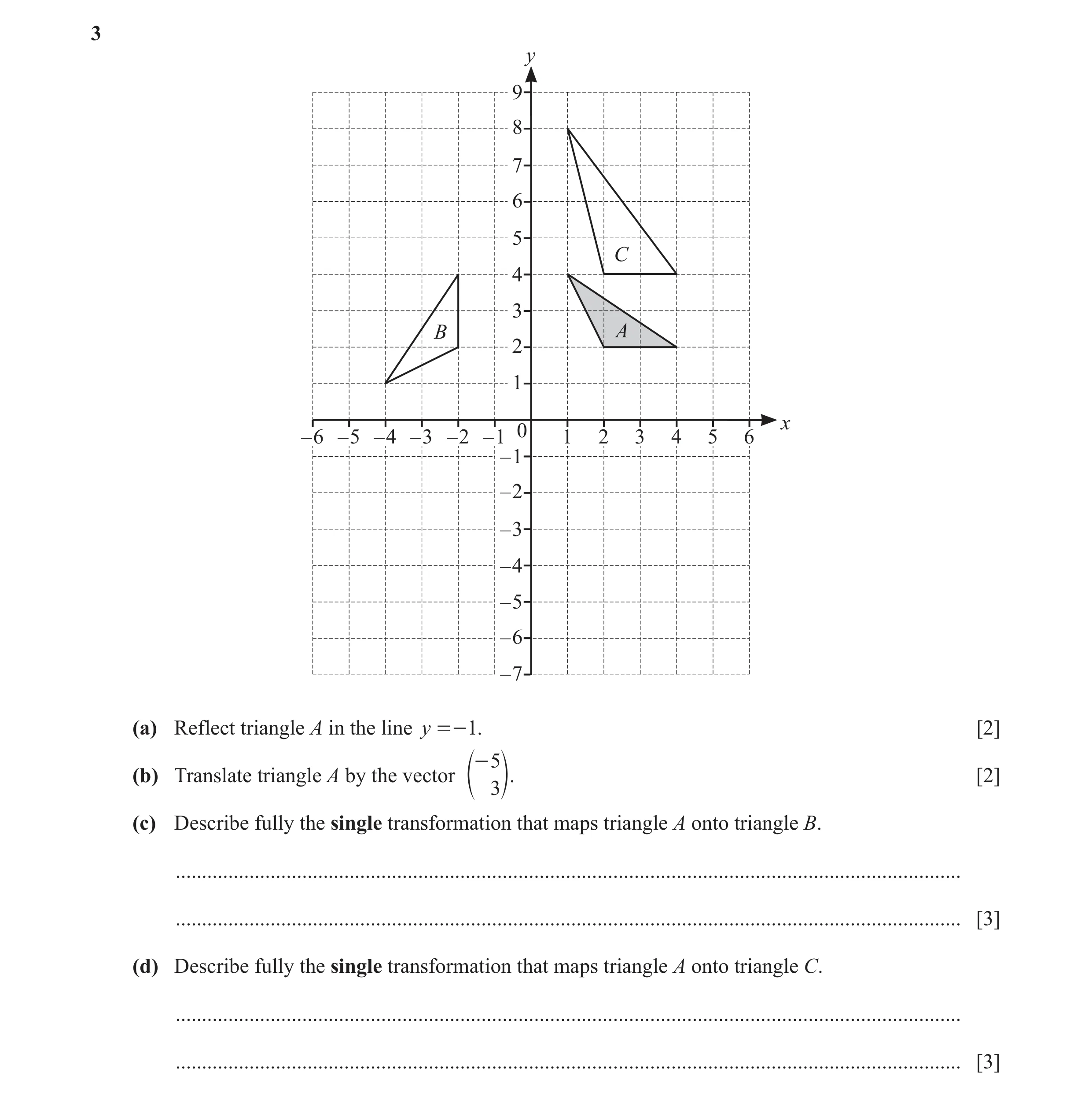 Question 35: y 9 8 7 6 5 C 4 3 B A 2 1 x 0 – 6 – 5 – 4 – 3 – 2 – 1 1 2 3 4 5 6 – 1 – 2 – 3 – 4 – 5 – 6 – 7 (a) Reflect triangle A in the line y =- 1. [2…