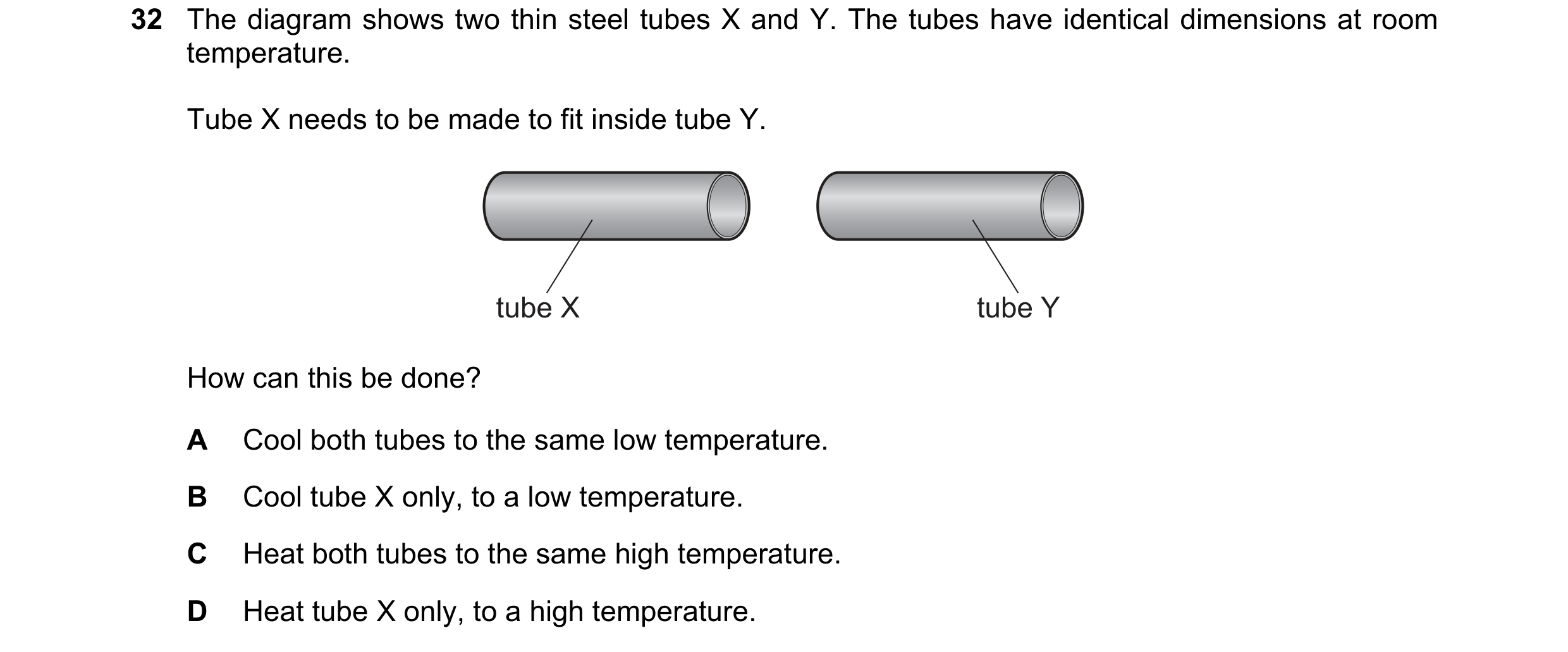Question 26: The diagram shows two thin steel tubes X and Y. The tubes have identical dimensions at room temperature. Tube X needs to be made to fit ins…