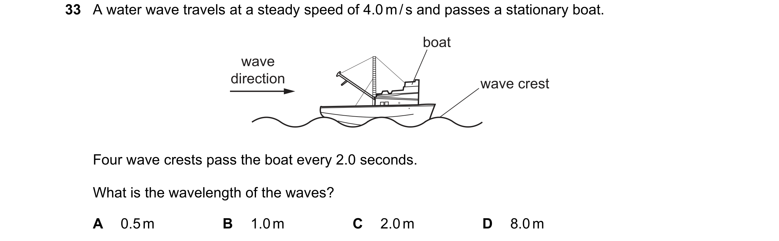 Question 4: A water wave travels at a steady speed of 4.0 m / s and passes a stationary boat. boat wave direction wave crest Four wave crests pass the …