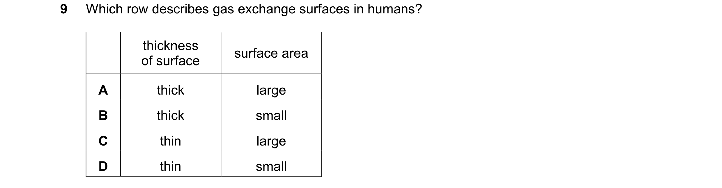 Question 50: Which row describes gas exchange surfaces in humans? thickness surface area of surface A thick large B thick small C thin large D thin small