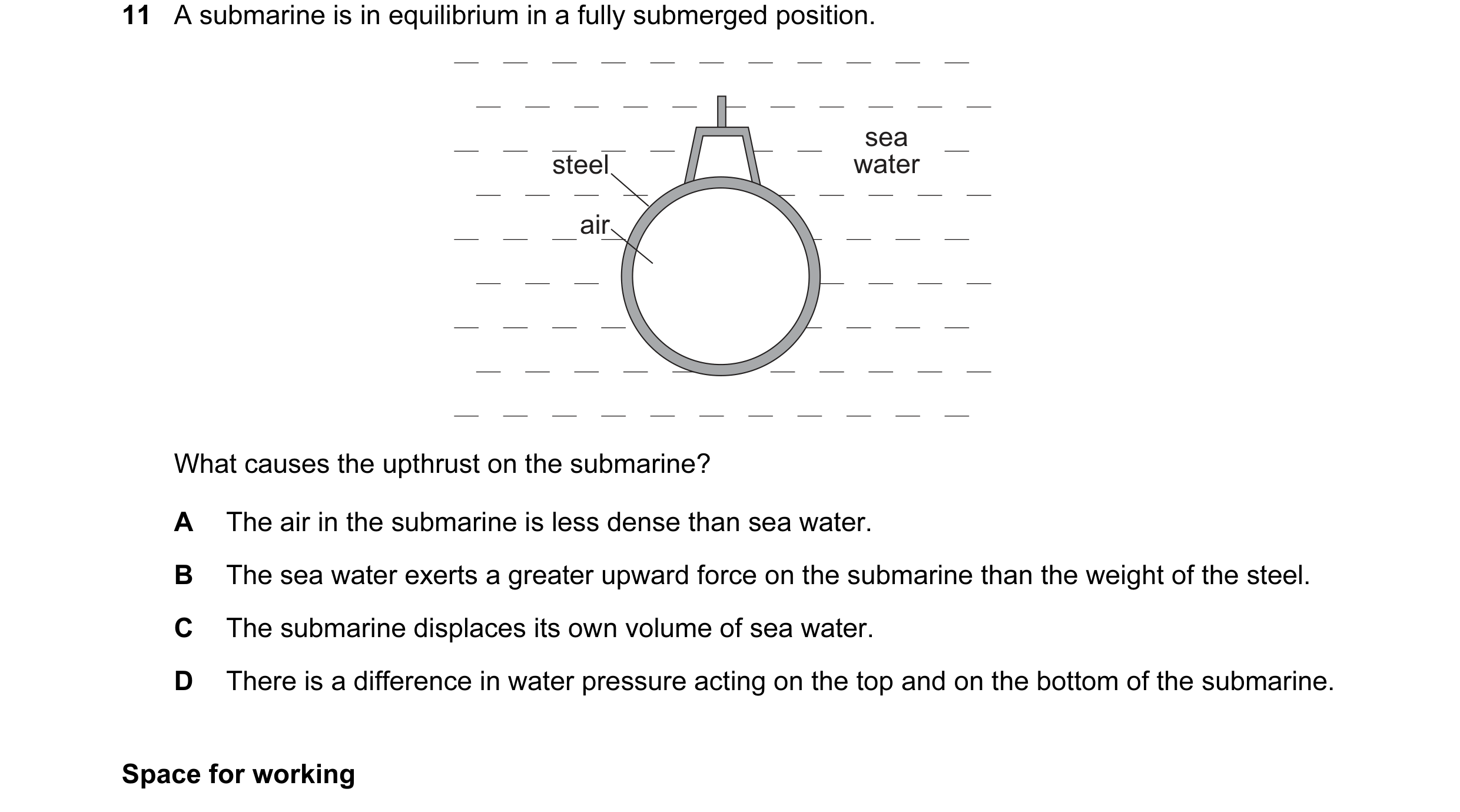 Question 39: A submarine is in equilibrium in a fully submerged position. sea steel water air What causes the upthrust on the submarine? A The air in th…