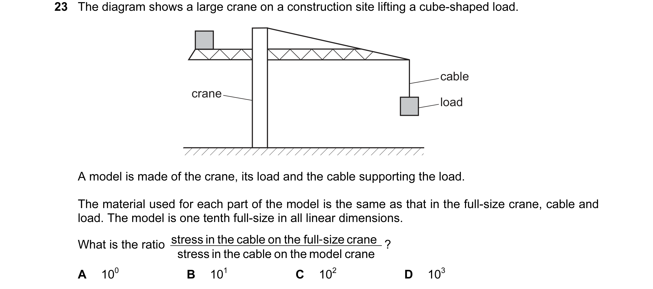 Question 34: The diagram shows a large crane on a construction site lifting a cube-shaped load. cable crane load A model is made of the crane, its load …