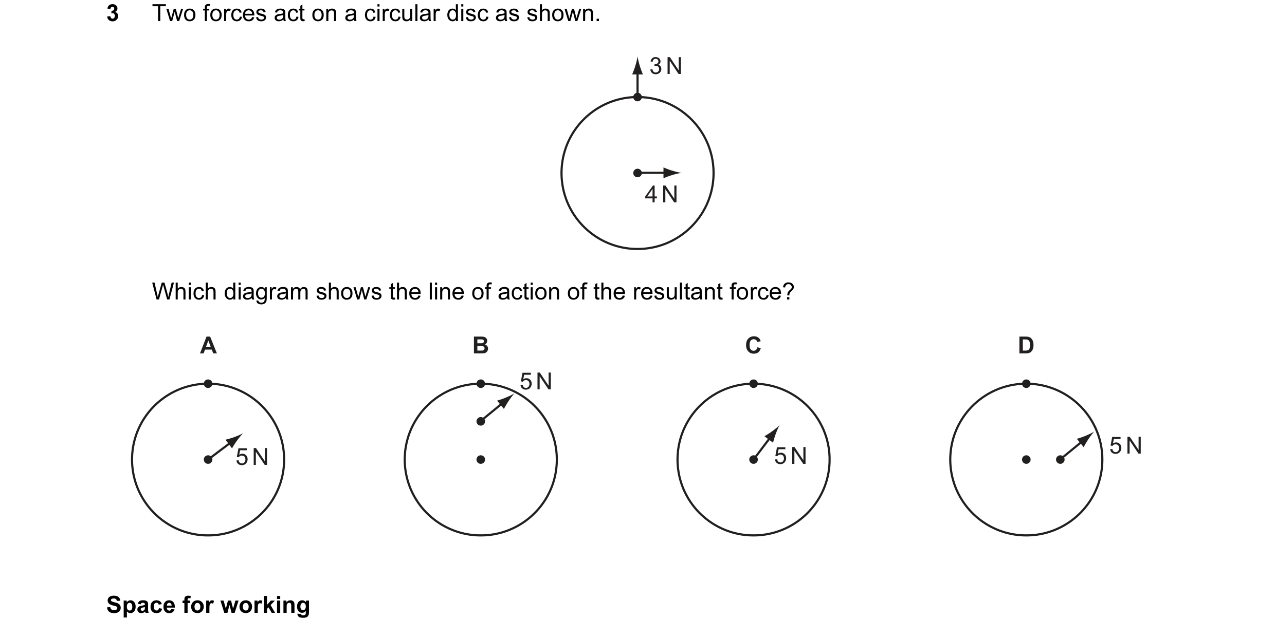 Question 31: Two forces act on a circular disc as shown. 3 N 4 N Which diagram shows the line of action of the resultant force? A B C D 5 N 5 N 5 N 5 N …