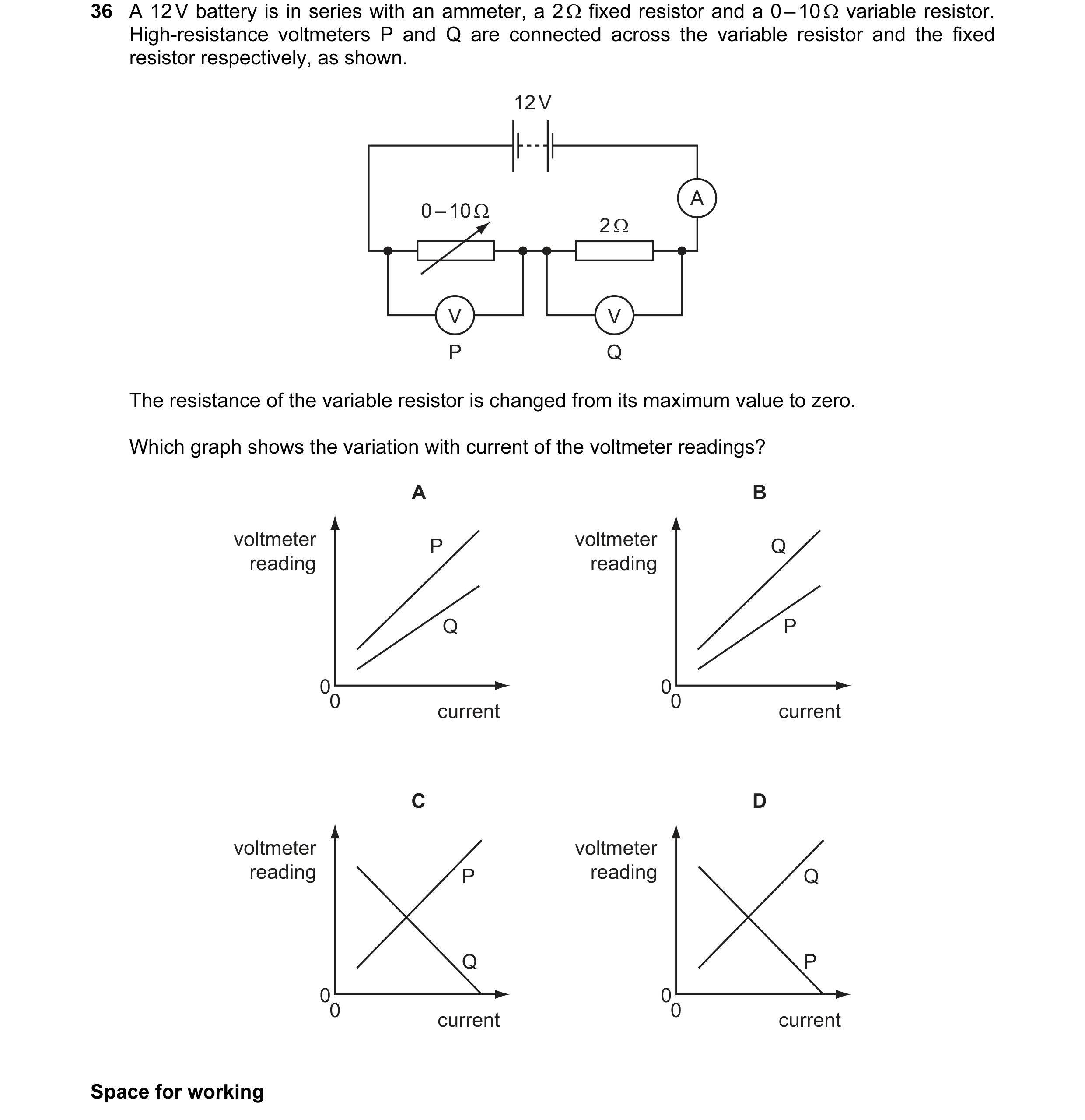 Question 31: A 12 V battery is in series with an ammeter, a 2 Ω fixed resistor and a 0 – 10 Ω variable resistor. High-resistance voltmeters P and Q are …